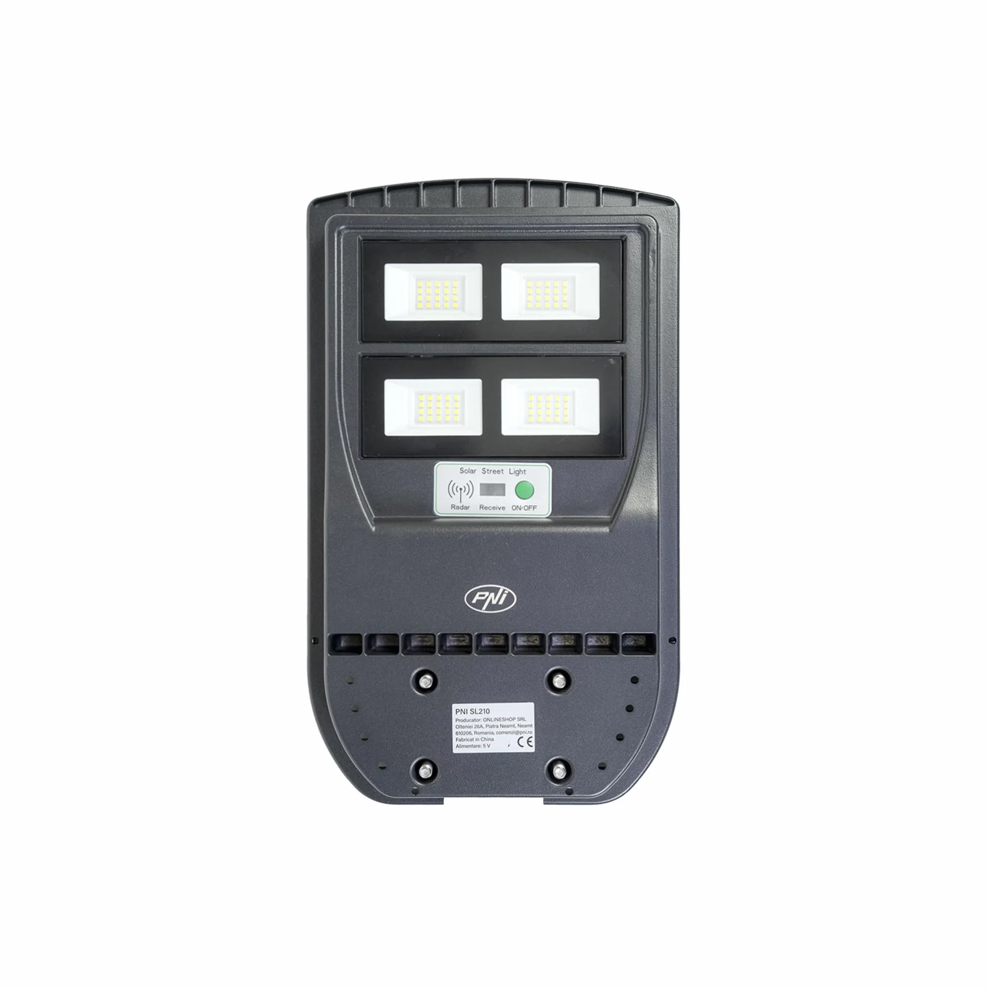 Lampa uliczna PNI SL210 100W z wbudowanym panelem słonecznym 10W, 6500K, 1000lm, 2 x wbudowany akumulator 10Ah, mikrofalowy czujnik ruchu