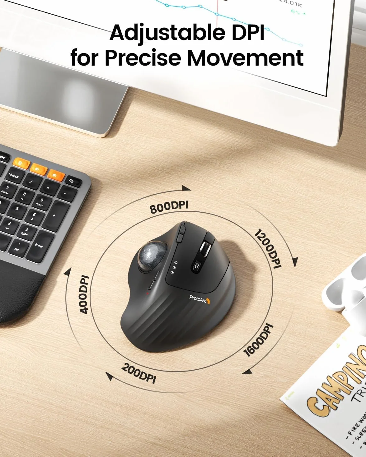 ProtoArc EM01 Bezprzewodowa mysz Trackball ergonomiczna Bluetooth ładowalna regulowany kąt 3 przyłącza szara