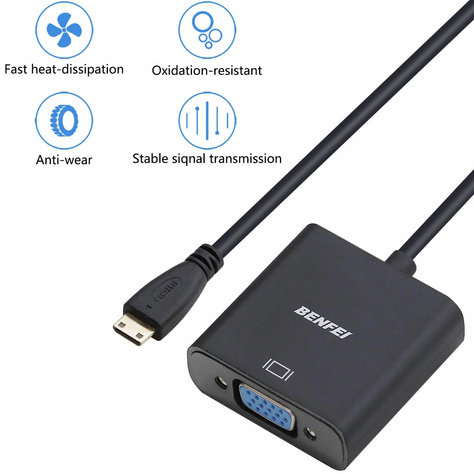 Benfei Adapter Mini HDMI na VGA pozłacany męski na żeński czarny