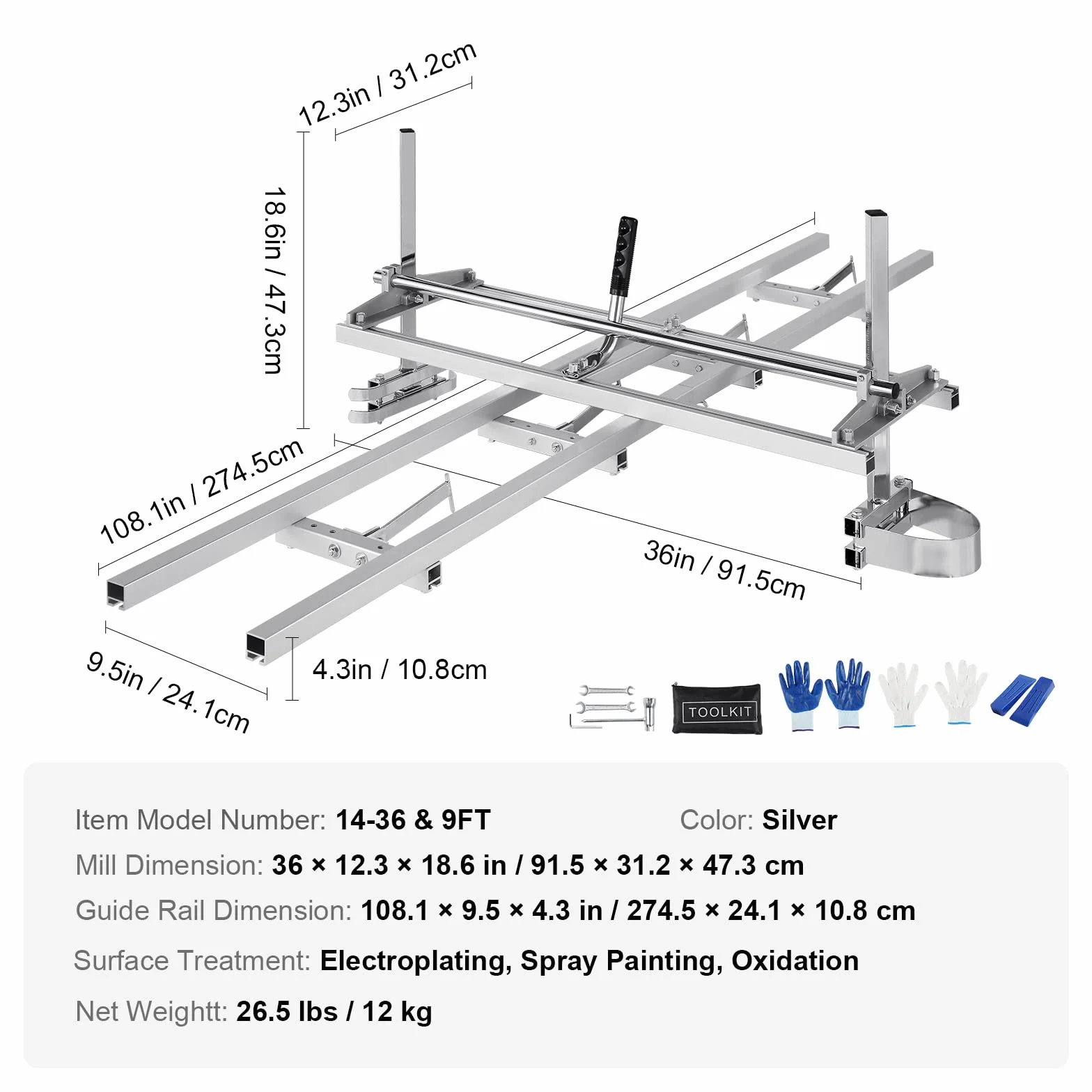VEVOR System prowadnicy młyna łańcuchowego i młyna szynowego przenośnego pręta prowadnicy 14 "-36" Prowadnica szyny frezowania piły 274 cm z piłą łańcuchową dla stolarzy