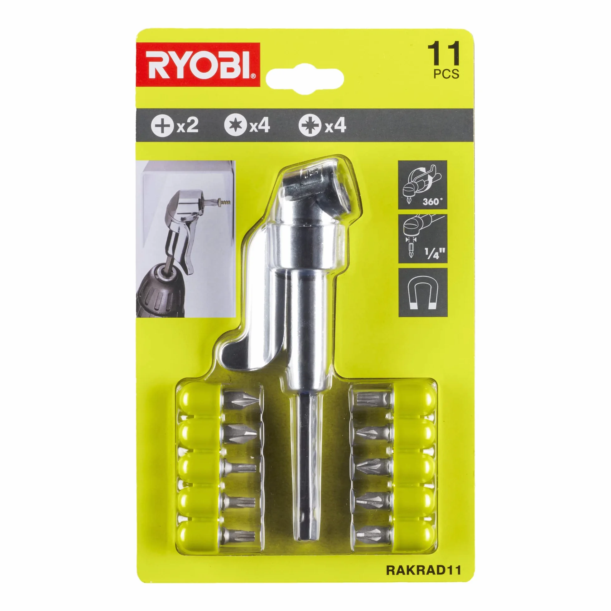 Ryobi Zestaw nasadka adapter kątowy + 10 bitów, RAKRAD11,