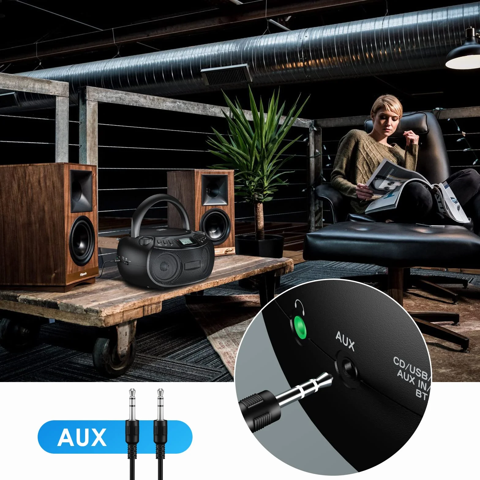 Gueray Przenośny odtwarzacz CD Boombox z Bluetooth, radio FM AM radio, głośnik stereo, wejście USB i AUX oraz porty słuchawkowe, wyświetlacz LCD 2 x 3 W RMS stereo
