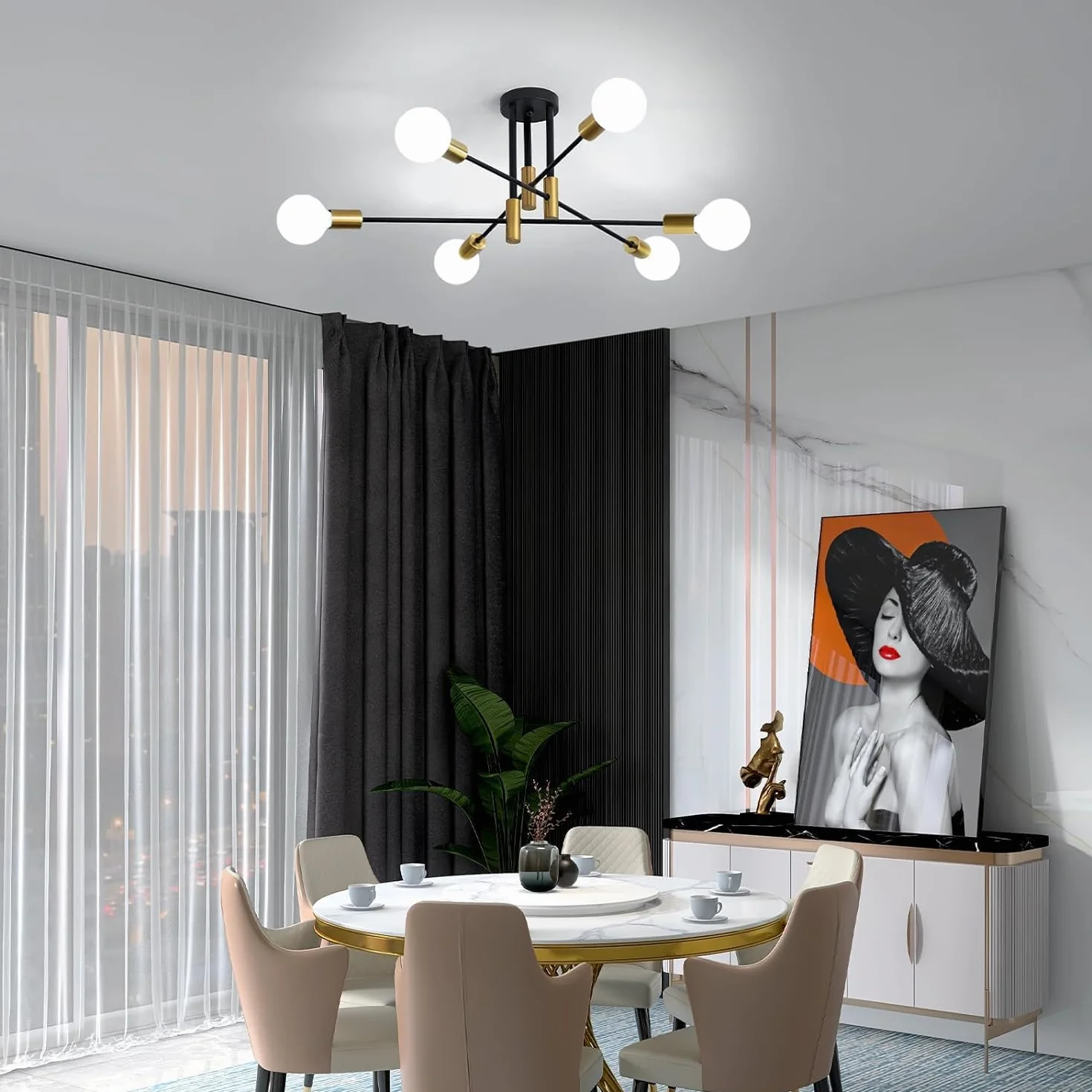 Comely Industrialna lampa sufitowa, 6-światłowy żyrandol Vintage Sputnik, nowoczesna metalowa lampa wisząca z podstawą E27 do salonu, sypialni, kuchni, jadalni, baru, kawiarni, średnica 72 cm