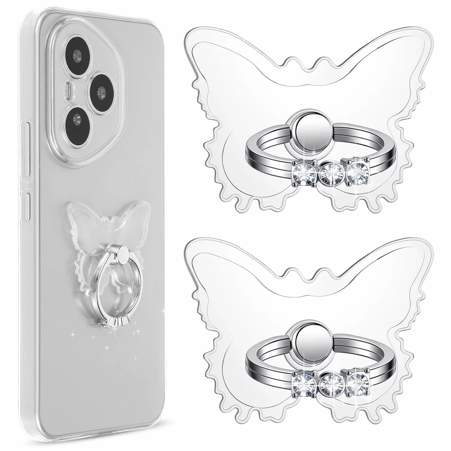 Ymapinc Motyl uchwyt na telefon komórkowy, przezroczysty kryształ górski motyl etui na telefon pierścień, uchwyt na palec uchwyt kompatybilny z telefonami tabletami etui obrót o 360°