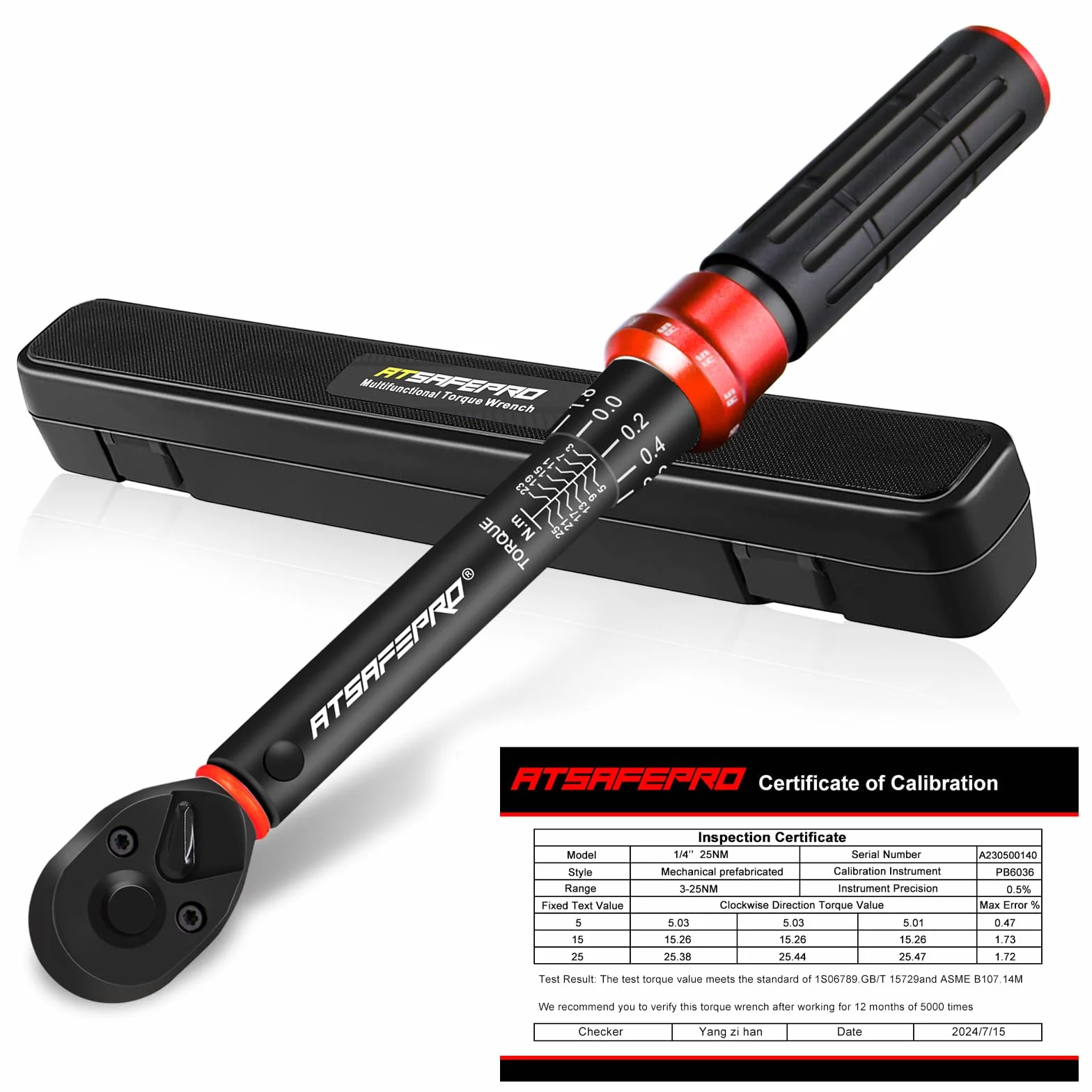 ATsafepro Klucz dynamometryczny rowerowy 1/4 cala 3-25 Nm, 72-zębowy podwójny klucz dynamometryczny, dokładność błędu ± 3% do konserwacji roweru i motocykla