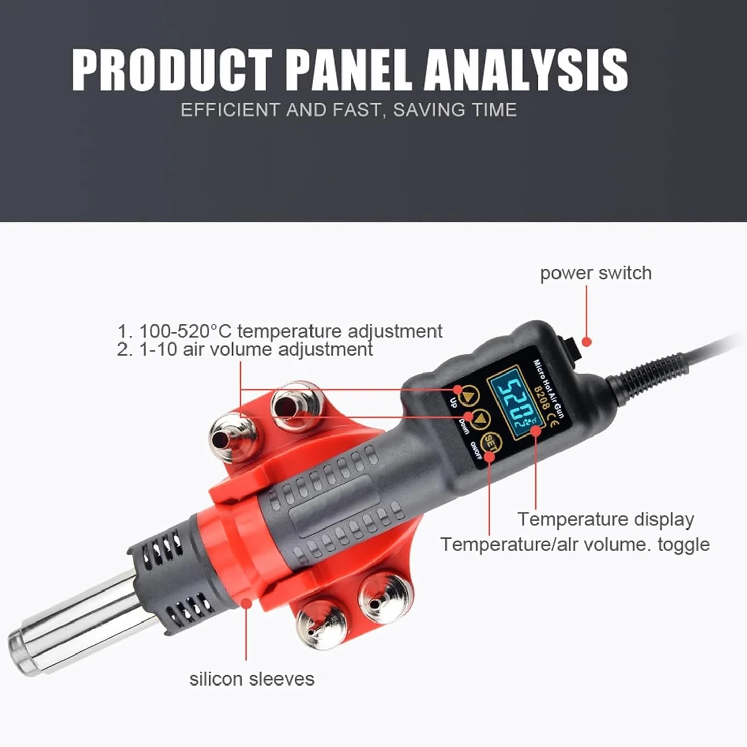 Stacja lutownicza na gorące powietrze 750 W z wyświetlaczem LCD, regulowana temperatura 100℃ - 520℃, objętość powietrza 120 l/min, narzędzie do lutowania i rozlutowywania do elektroniki