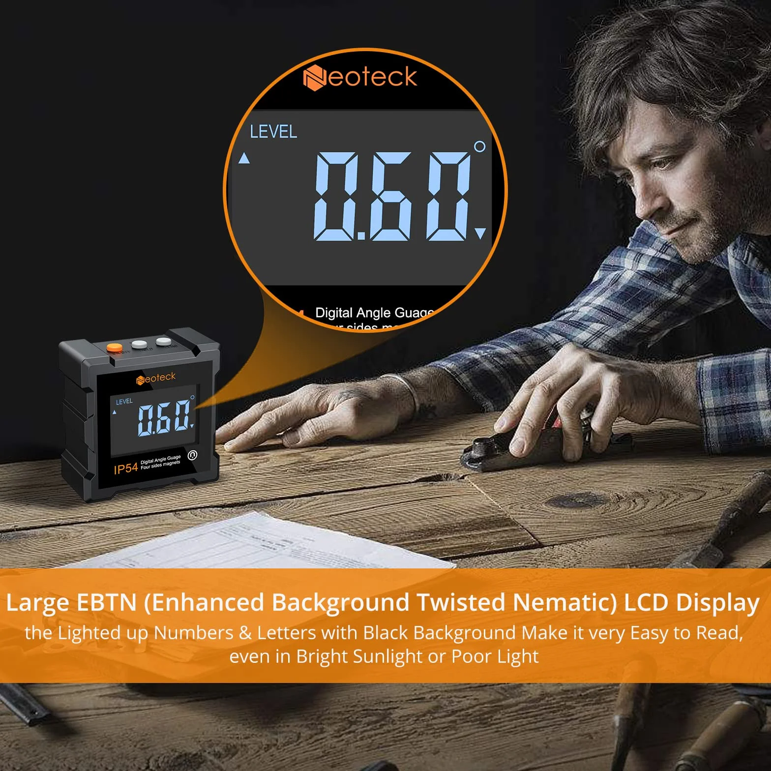 Neoteck Cyfrowy kątomierz kątowy 4 x 90° z funkcją automatycznego obracania IP54 Wodoodporny cyfrowy poziom magnetyczny/% duży wyświetlacz LCD z akumulatorem śrubokrętem
