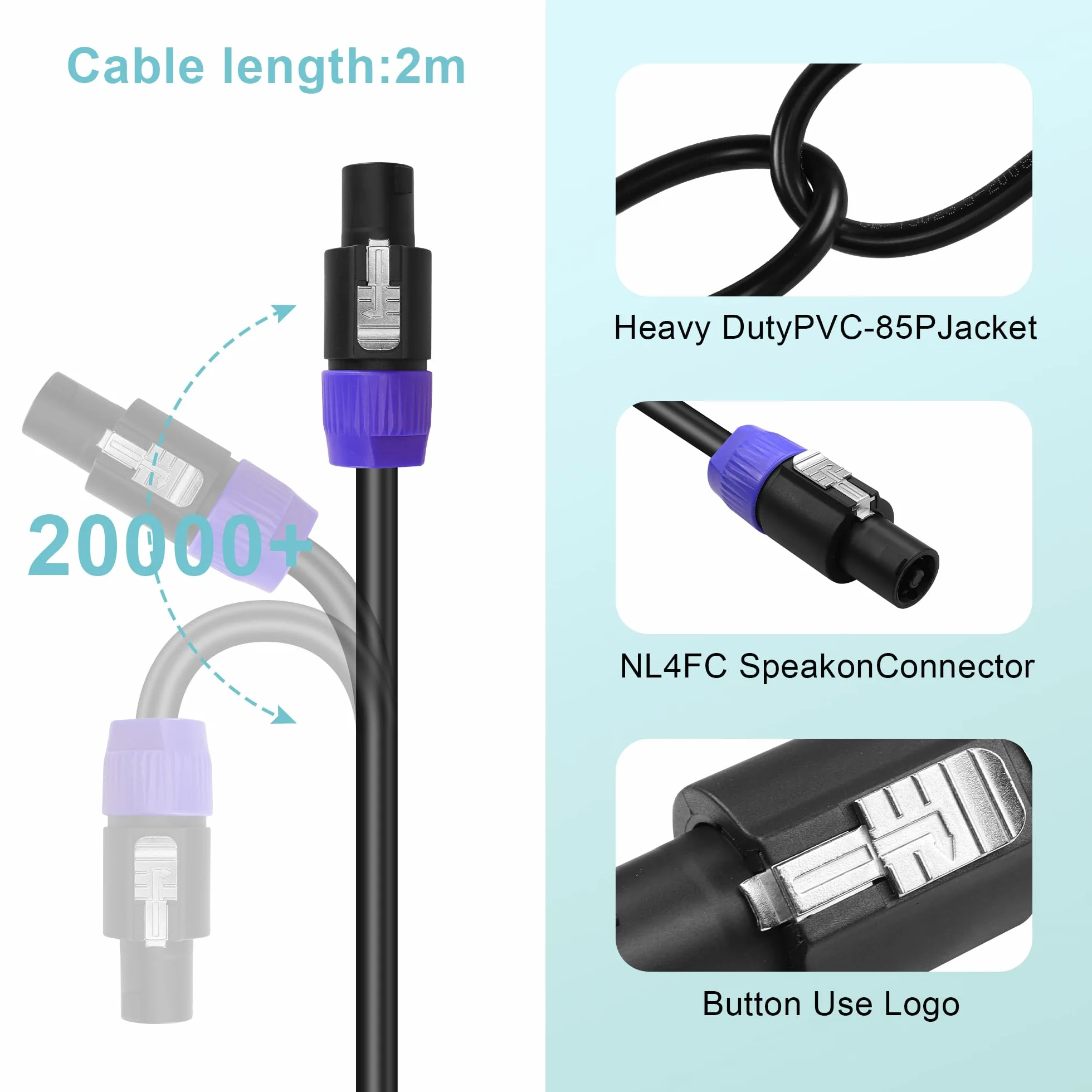 Speakon Cable 12AWG 2 Pin NL2FC Speaker męski na męski 2M