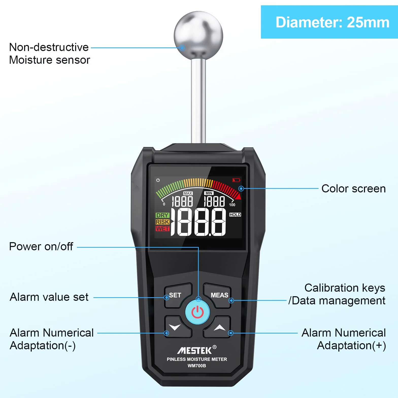 Detector Wilgotności MESTEK 20-40mm Wilgotnościomierz Czujnik Wilgotności Miernik wilgotności Cyfrowy Wyświetlacz LCD Alarm dźwiękowy Przenośny z Baterią do ścian Drewnianych Zaprawa Cementowa