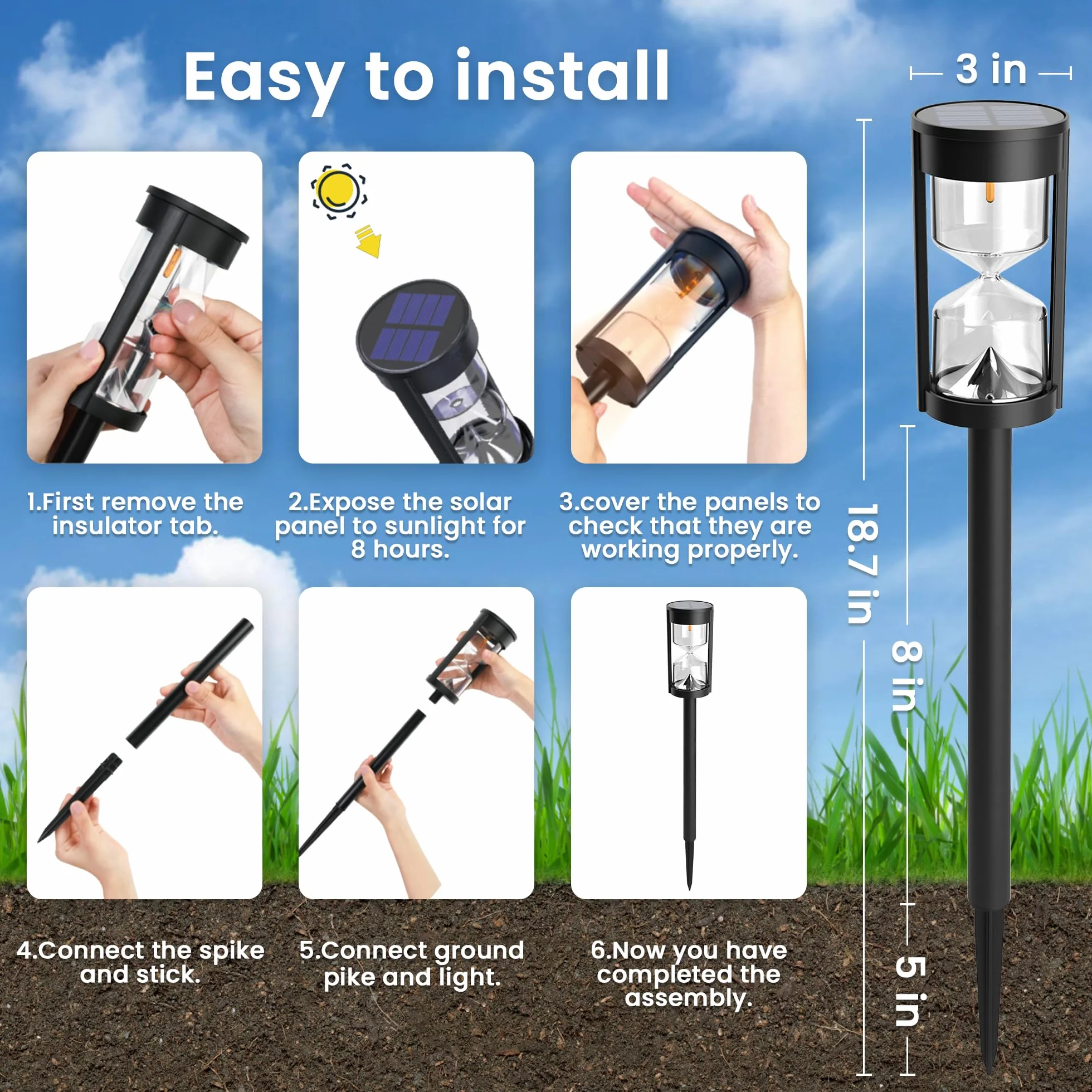 GIGALUMI Solarne lampy ogrodowe, wodoodporne lampy solarne w kształcie klepsydry, do ogrodu, na podwórko, taras, ścieżkę, dekoracji krajobrazu, ciepłe białe światło, 6 sztuk