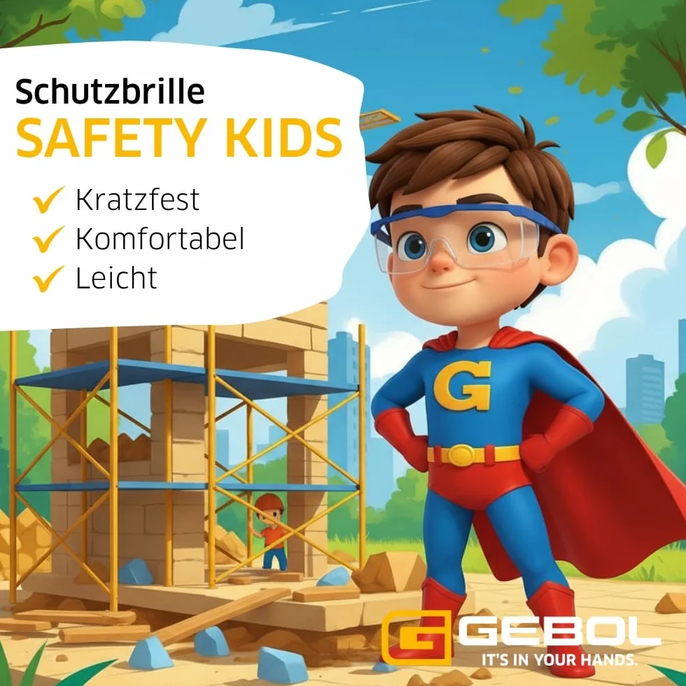 Gebol Safety Kids, okulary ochronne z lekkiego i odpornego na zarysowania materiału, bardzo lekkie okulary dziecięce z regulowanymi zausznikami, idealne do pomocy w majsterkowaniu, niebieskie