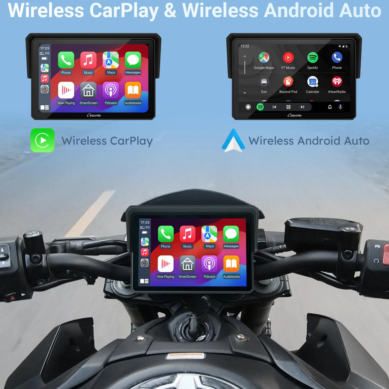 Carpuride W502 Ekran motocyklowy 5" GPS CarPlay Android Auto wodoodporny IP67 Bluetooth