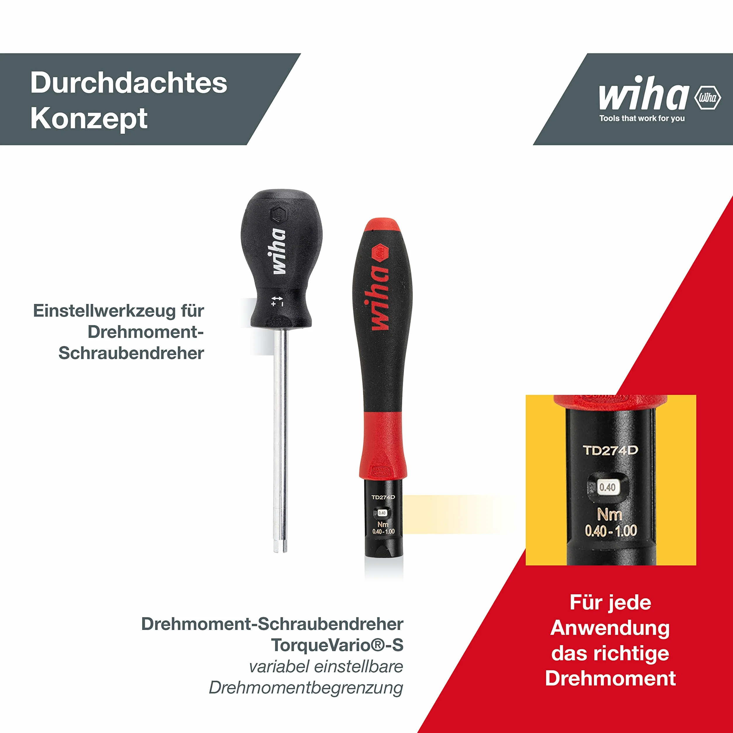 Wiha TorqueVario-S Wkrętak dynamometryczny, precyzyjny śrubokręt, 4 mm / 0,4-1,0 Nm, do kontrolowanego wkręcania, praktyczny, bezstopniowa regulacja, sygnał po osiągnięciu momentu dokręcenia