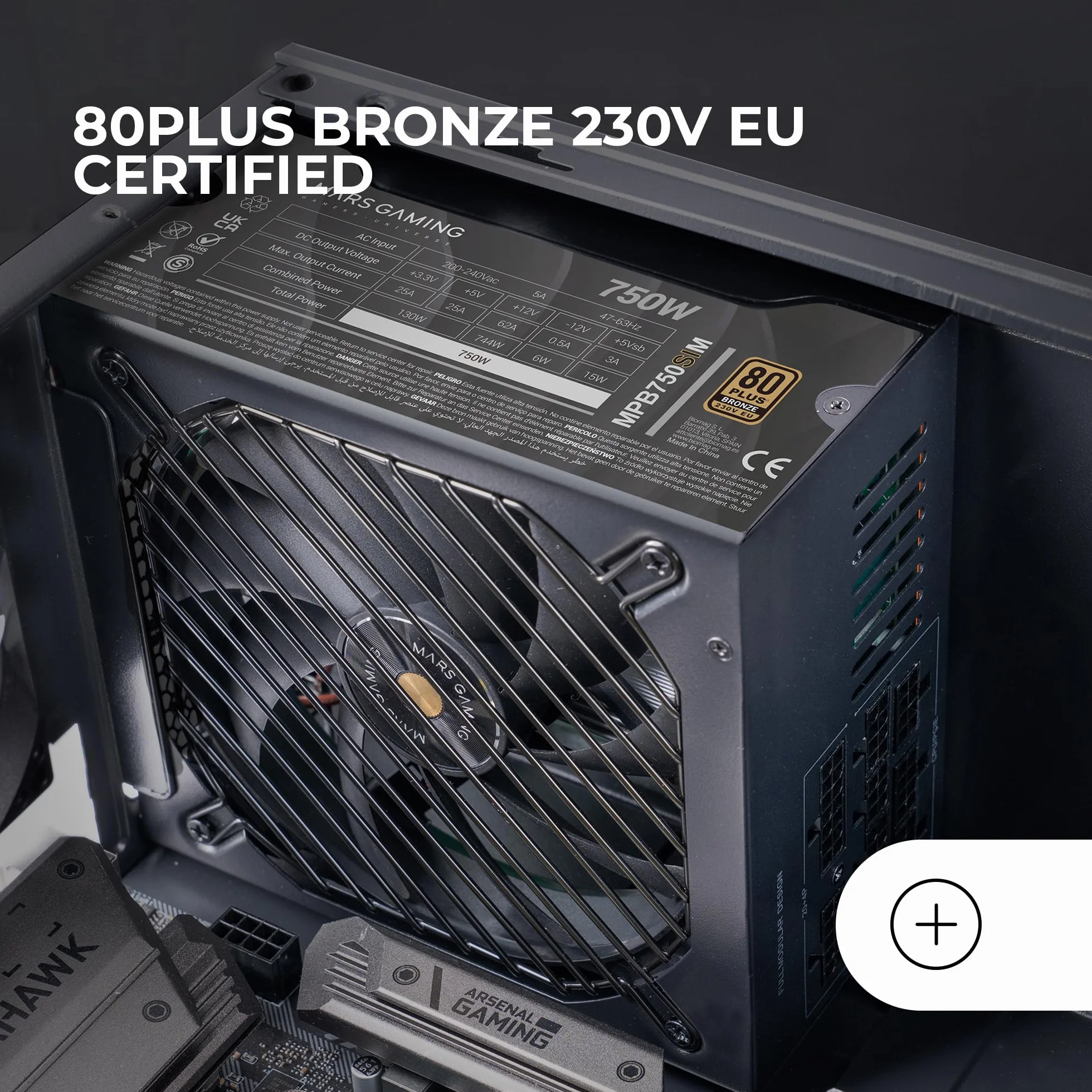 MARS GAMING MPB750SIM, W pełni modularny zasilacz ATX 750W, 7 lat gwarancji, 80Plus Bronze 230V EU, 90% efektywności, wentylator SI Extreme Silence 140mm, technologie AI2-RPM, DC-DC i SMD, Czarny