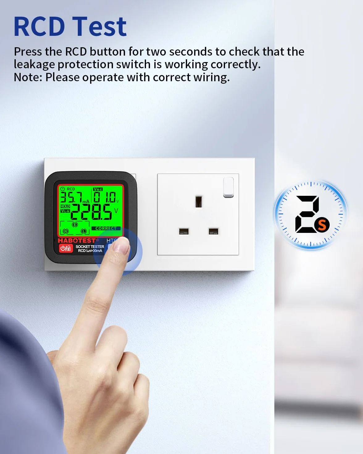 YOJOCK Wtyczka tester, Tester elektryczny RCD Plug z wyświetlaczem LCD, 6 typów diagnostyki usterek, badanie obwodu, wskazanie napięcia i częstotliwości, 30-260V (wtyczka UK)