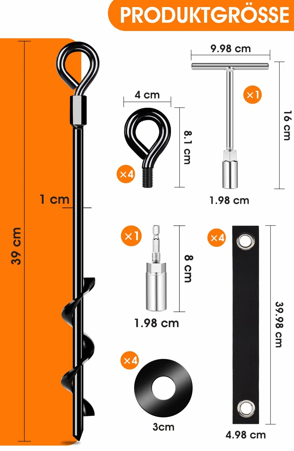 Kotwa gruntowa Heavy Duty, 4-częściowy zestaw kotw gruntowych z pasami, odporna na wiatr, do zabezpieczenia trampolin, namiotów, zadaszeń, szop, kamperów itp