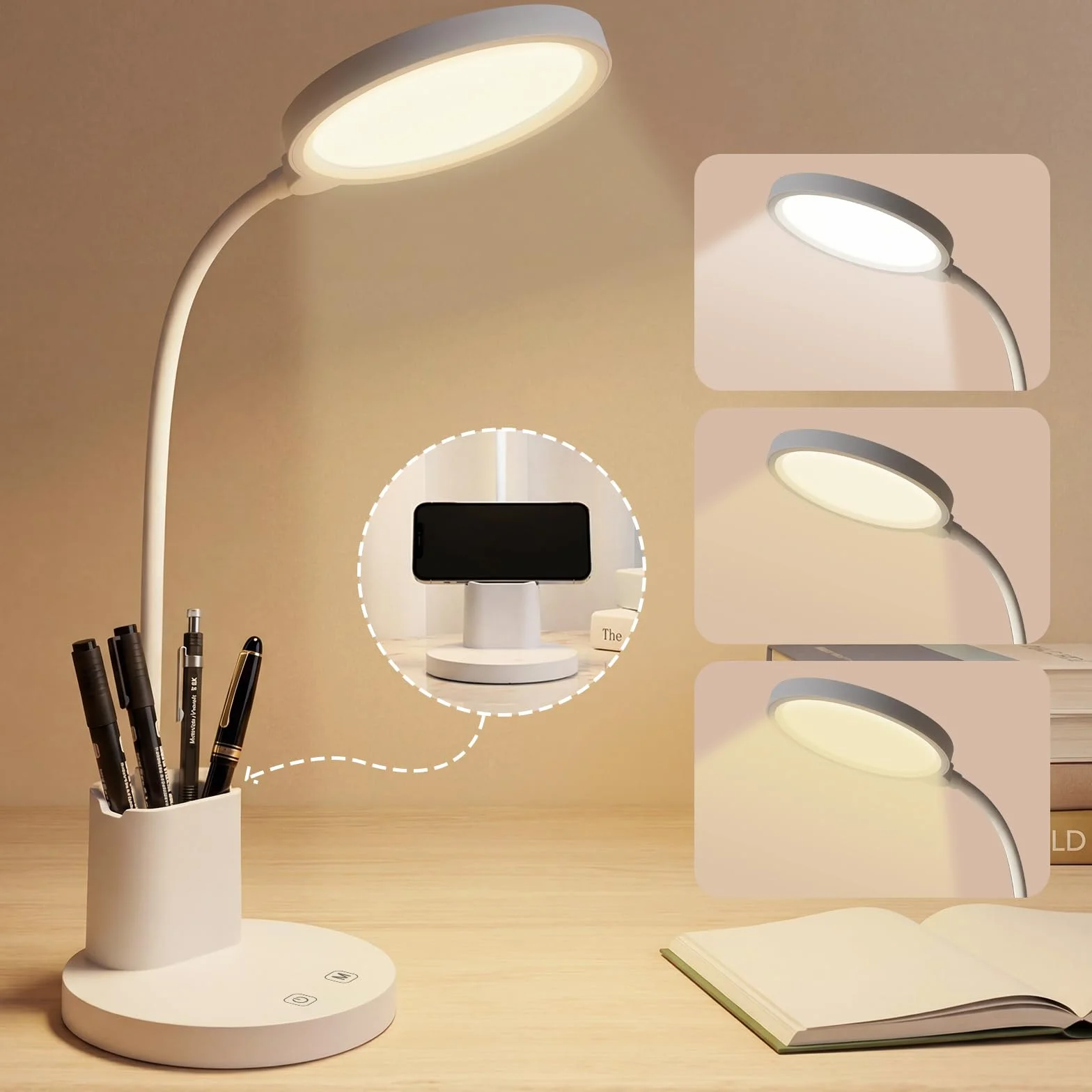 LQWELL Lampka biurkowa LED Touch dla dzieci i dorosłych, 360°, gęsia szyja, 3 kolory i regulacja jasności, z uchwytem na długopis i telefon, przewód zasilający 1,2 m, wtyczka, kolor biały