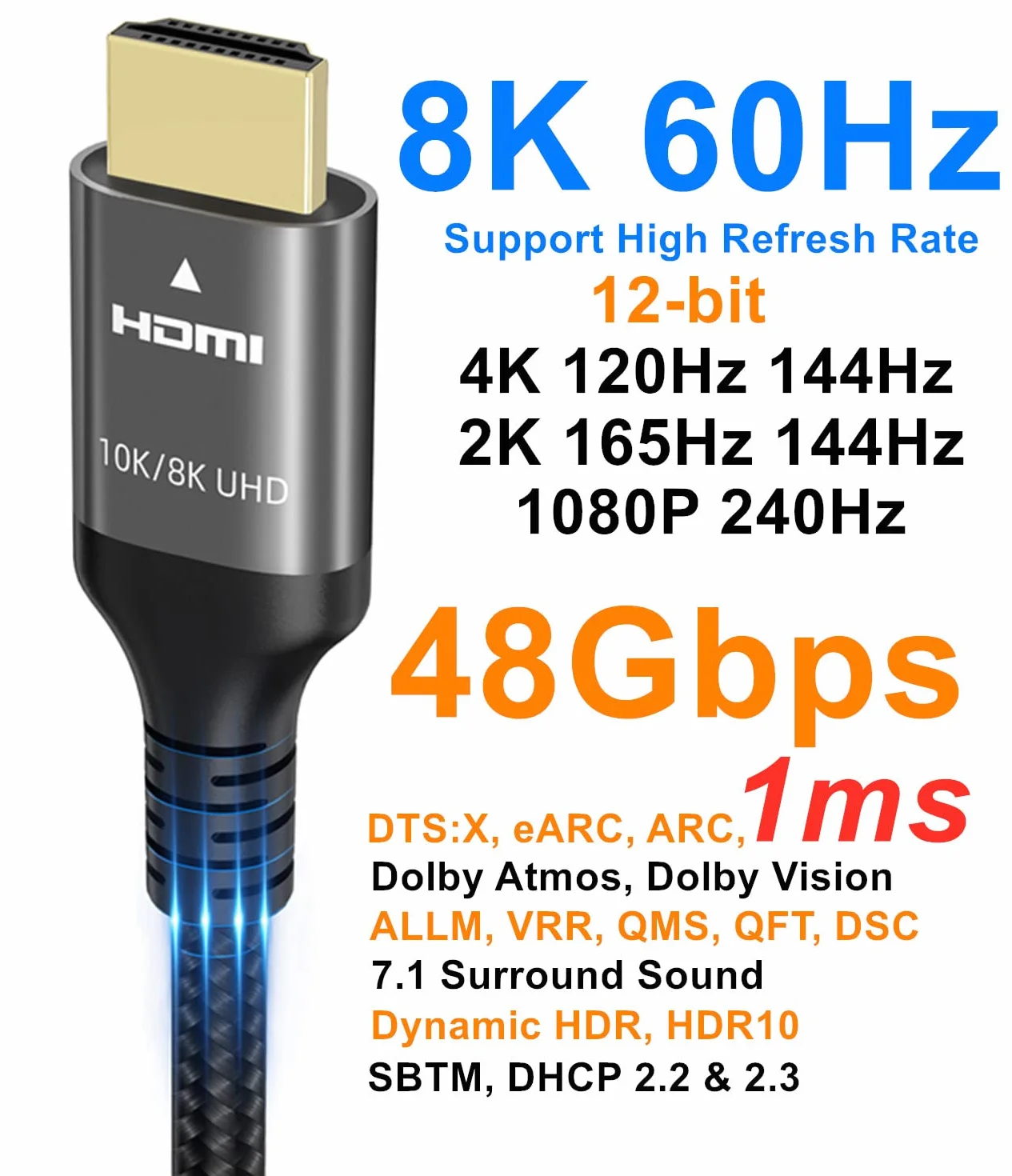 Ubluker Kabel HDMI 48Gbps 2M Ultra High Speed 8K 60Hz 4K 240Hz HDR10+ eARC HDCP2.3