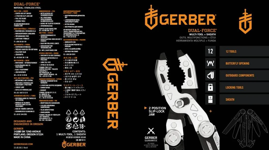 Gerber Narzędzie wielofunkcyjne z 12 funkcjami, Dual Force, Kabura w zestawie, Otwieranie jedną ręką i blokada ramy, Długość całkowita: 12 cm, 30-001613 | Srebrny, 30-001613