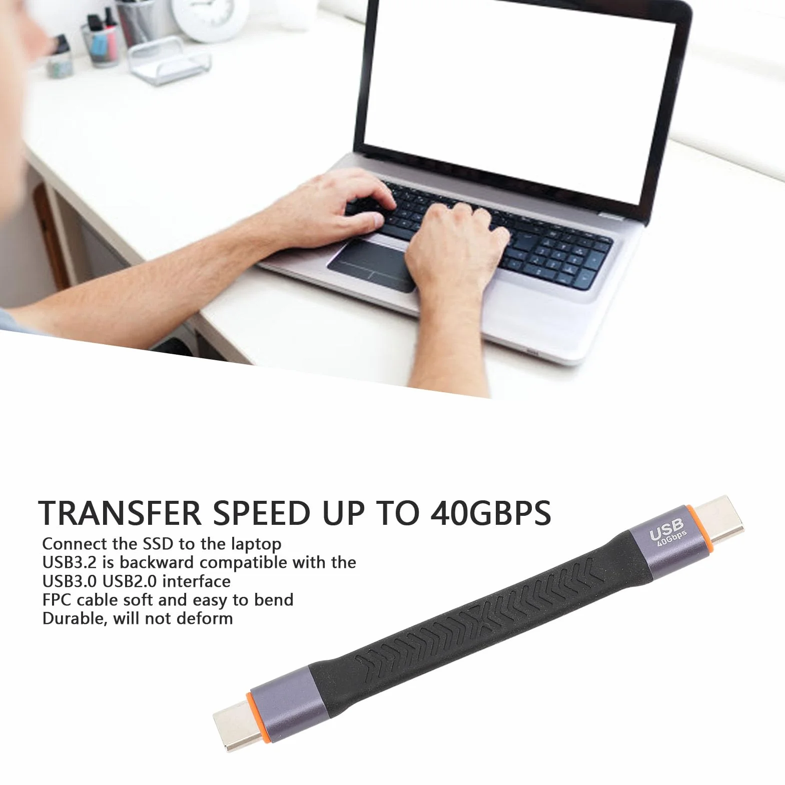 Kabel USB C 3.2 Gen 2 40 Gb/s, Elastyczny, do Laptopa i SSD