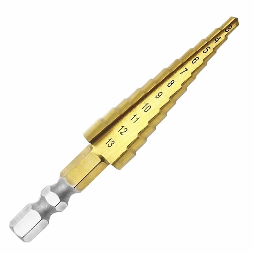 1/4" trzpień sześciokątny 3-13 mm tytanowy powlekany spirala rowkowana wiertło krokowe HSS wiertło krok do tworzywa sztucznego, drewna, metalu, wiertła stożkowe z wieloma otworami
