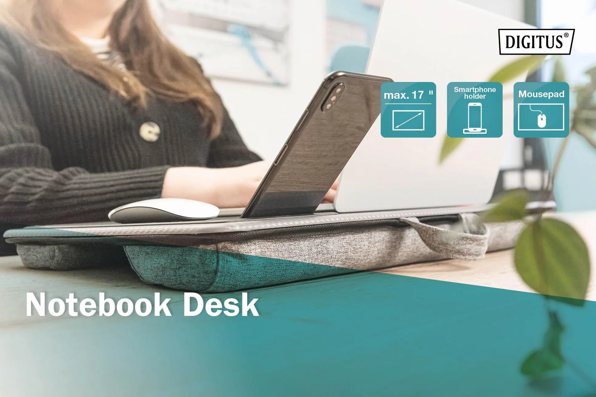 DIGITUS Poduszka pod laptopa z uchwytem na smartfona i podkładką pod mysz 17" szara