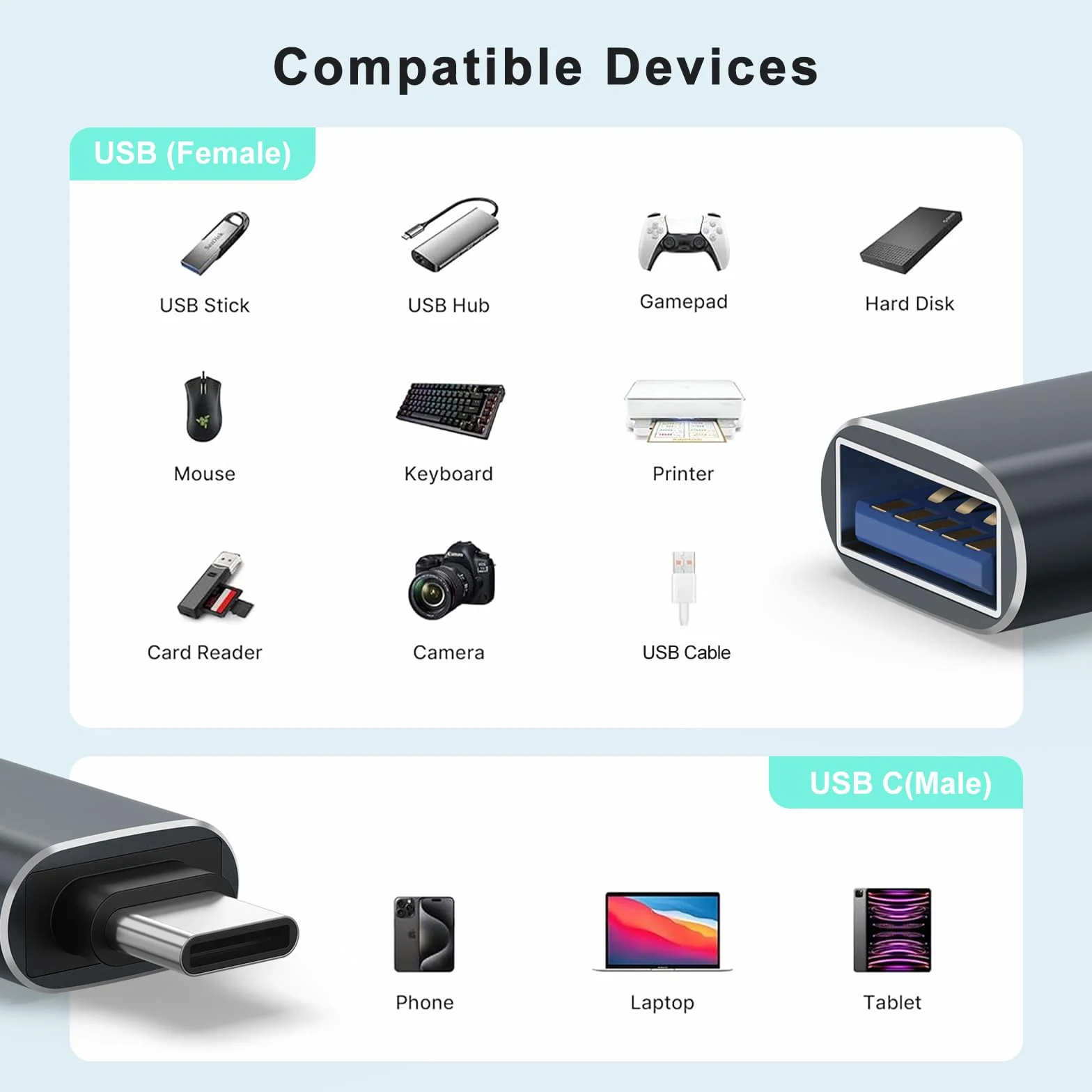 Tobfit adapter USB C na USB 3.0 2 sztuki OTG do iPhone 16 15 serii MacBook Pro Samsung Galaxy S24 S25 szary
