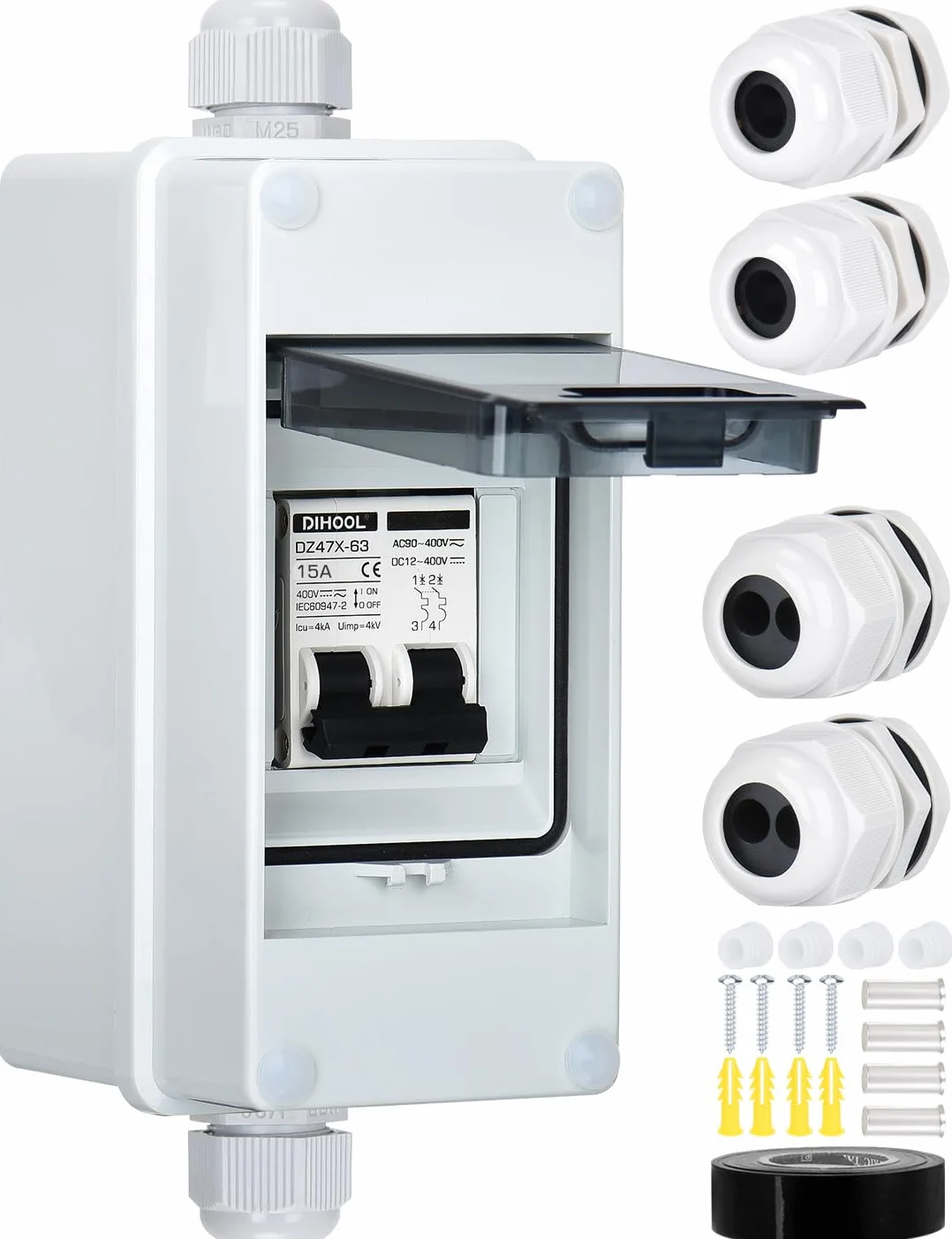 DIHOOL Bezpiecznik DC 16A, 2-biegunowy, z 3 modułami, skrzynka bezpiecznikowa, natynkowa, IP65, wodoszczelny, do elektrowni balkonowych (DC 12V-400V)