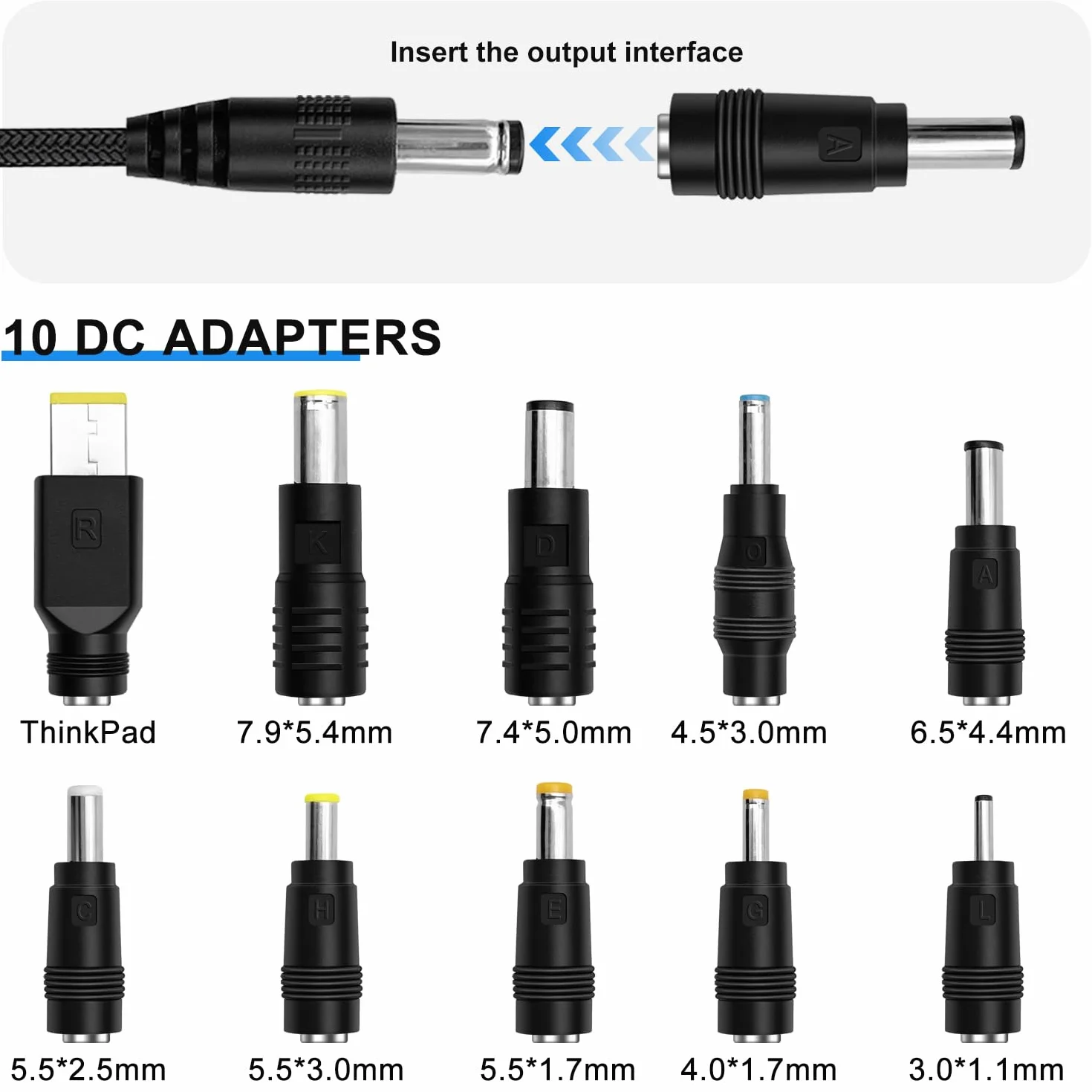 100W USB-C PD do DC Adapterkabel 5A 5,5×2,1mm 10 adapterów DC do laptopa routera monitora kamery 1M kabel nylonowy