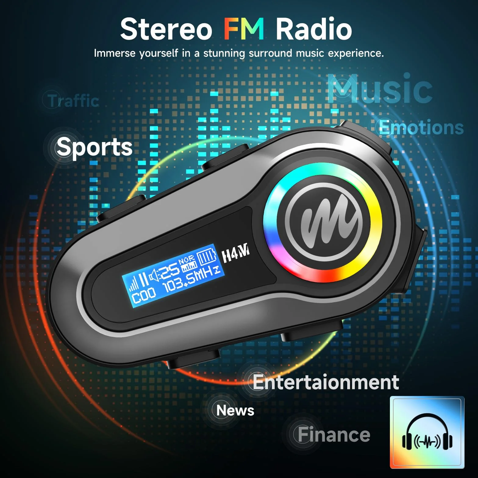 Moman Zestaw słuchawkowy do kasku motocyklowego H4M z ekranem LCD 6 EQ Bezprzewodowe 5.3 HiFi Stereo Radio FM AI Voice