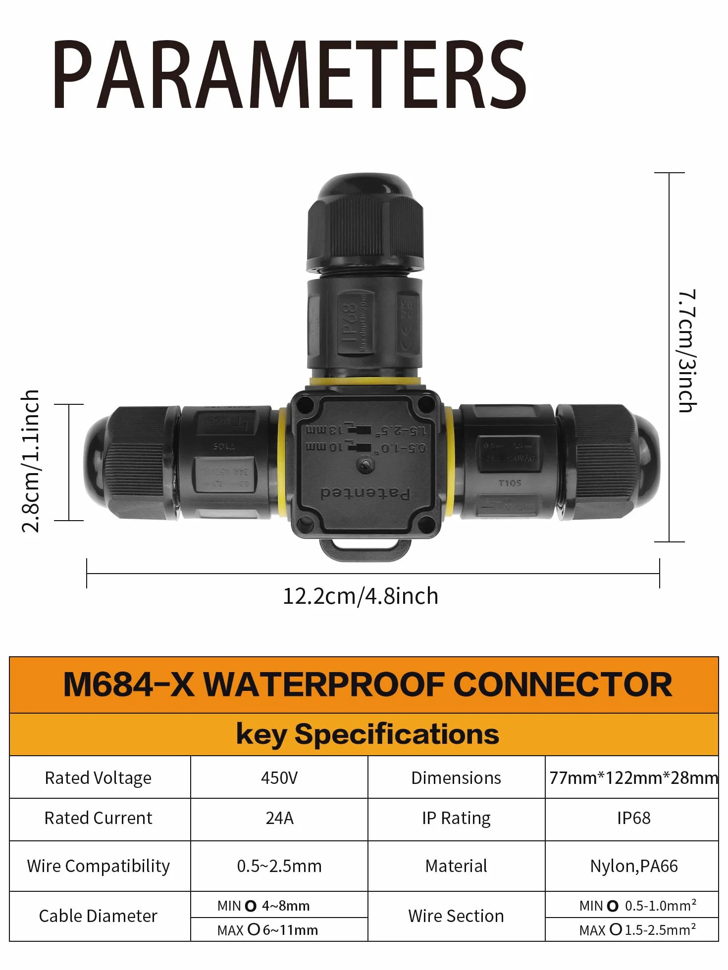 YACSEJAO 3-biegunowe złącze wtykowe IP68, 2/3/4-drożne, zewnętrzne gniazdo przyłączeniowe do kabli M20 4-8 mm lub 6-11 mm, wodoszczelna puszka rozdzielcza kabla ziemnego (3-biegunowa i 3-drożna)