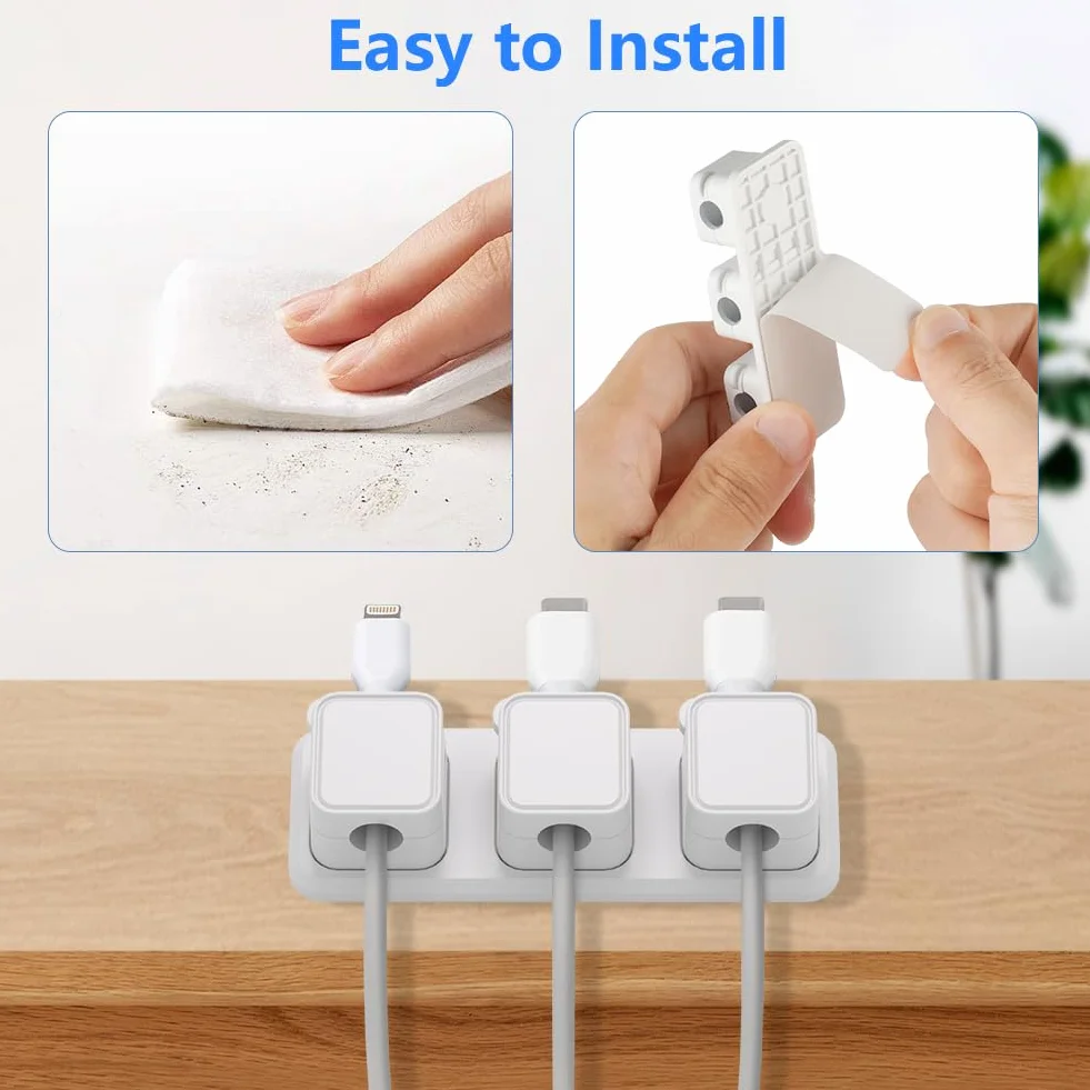 Uchwyt do organizera, 2 x 3 gniazda, samoprzylepne magnetyczne klipsy na biurko, organizer na przewody, organizer na biurko na stolik nocny, do biura, USB, kabel audio, kabel komputerowy