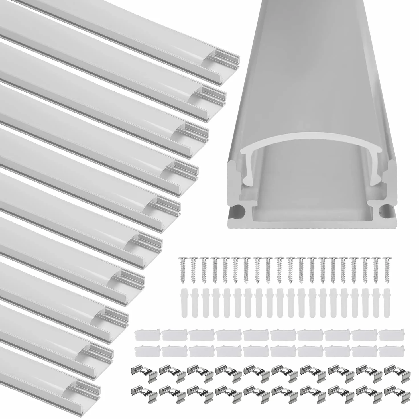 Profil aluminiowy LED, listwa LED, profil aluminiowy LED do taśm LED z białą mleczną osłoną, zaślepkami i klamrą montażową