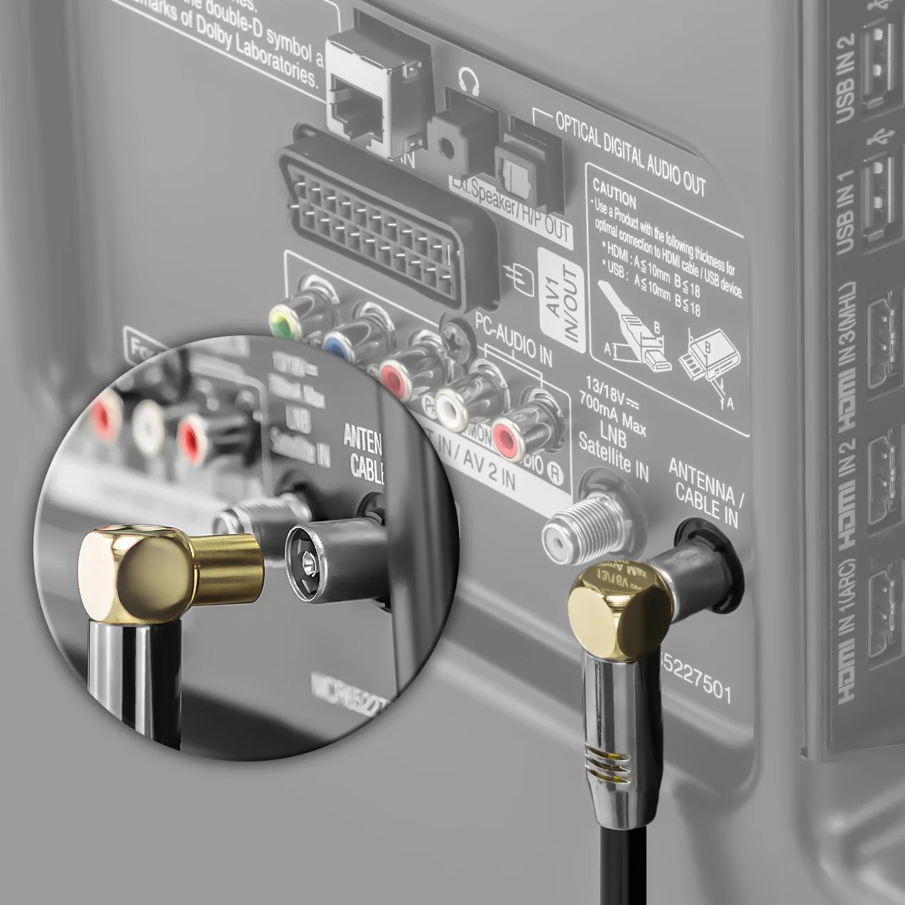 deleyCON 1,5m Kabel Antenowy TV 4K, Koncentryczny - 4K Ultra HD Full HD HDTV - 1x Wtyk IEC Kątowy 90° do Gniazda IEC Prostego - TV/Radio DVB-T2, Metalowe Złącza - Czarny