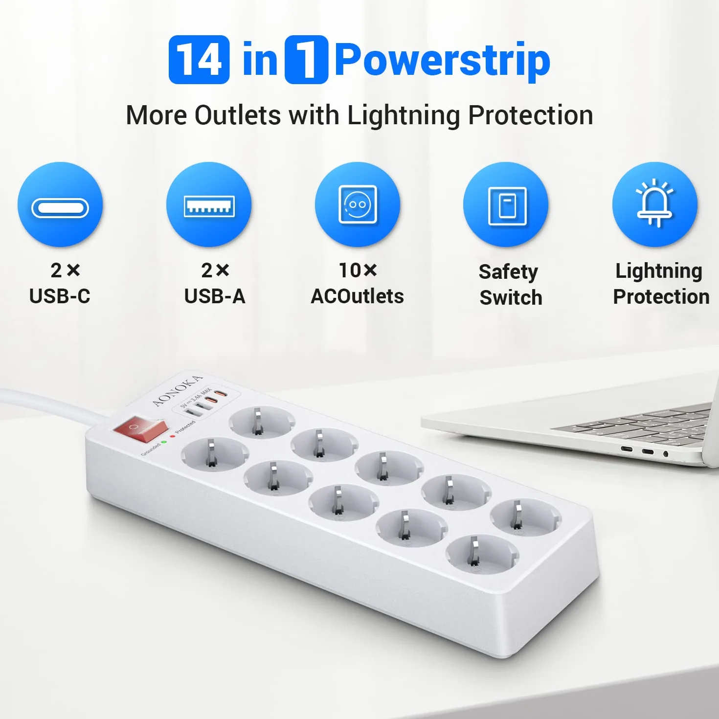 Listwa Zasilająca 10 gniazd USB C 5V/3.4A Przeciwprzepięciowa Przełącznik Montaż na Ścianie Biały 1.5 m