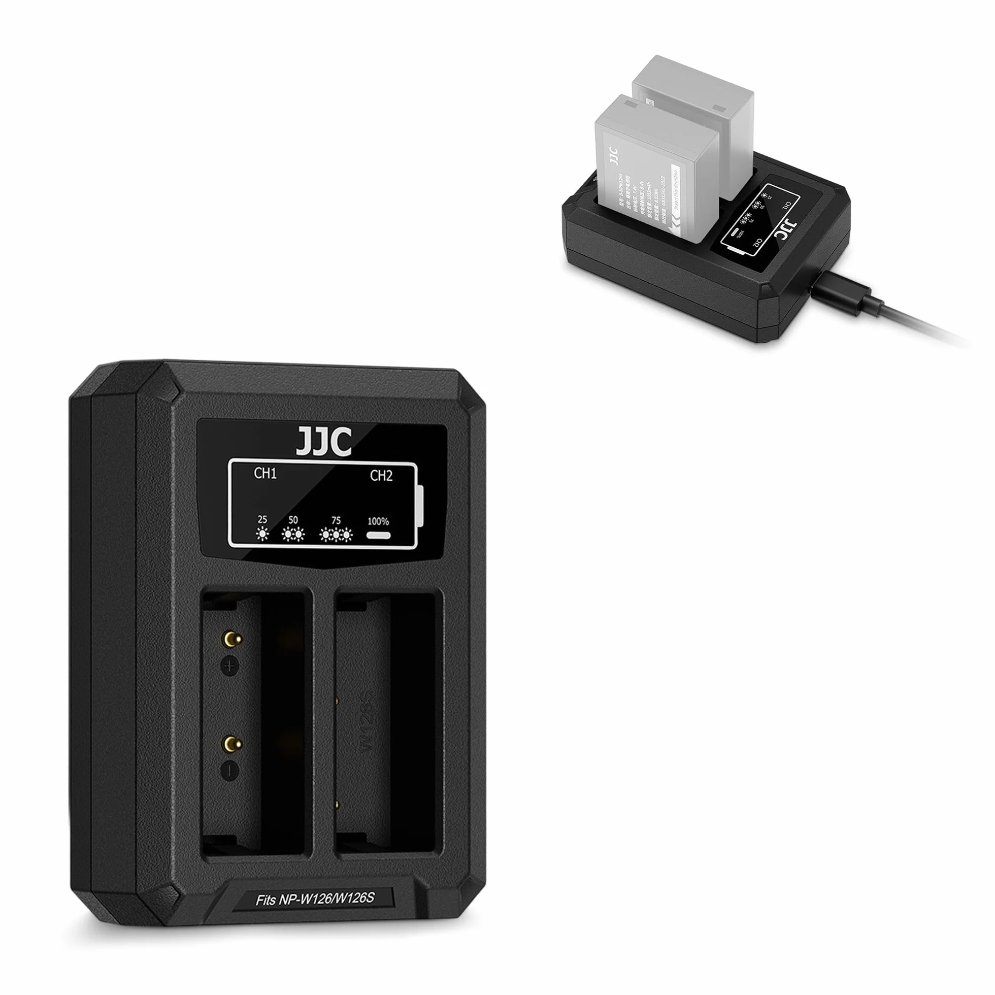 JJC Ładowarka podwójna baterii USB-C z kablem ładującym, kompatybilna z aparatami Fujifilm X-E5 X-E4 X-E3 X-E2 X100VI X100V X-Half X-PRO3 X-PRO2 X-T50 X-T30II X-T30 zamiennik Fuji NP-W126/NP-W126s