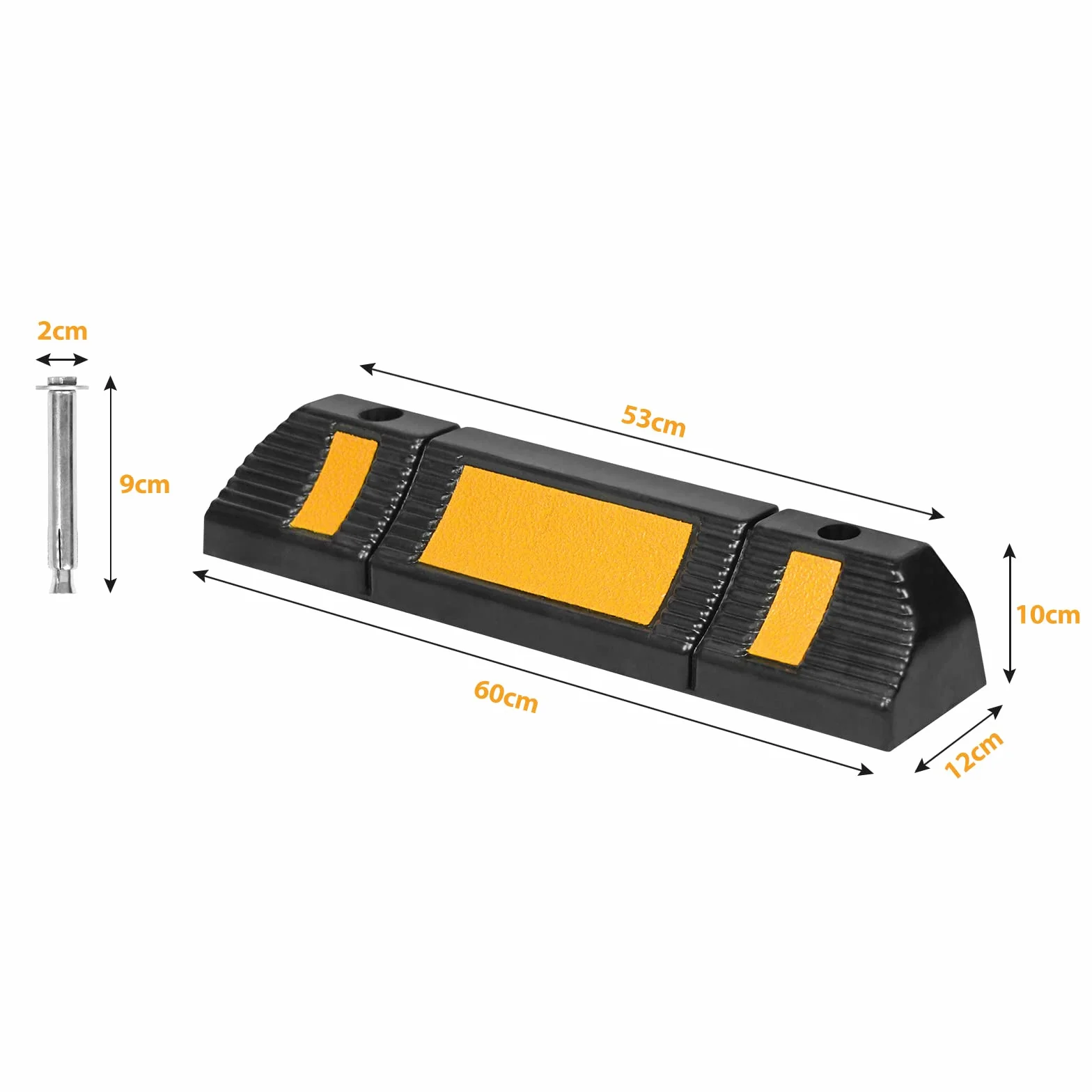 UISEBRT Gumowy stoper parkingowy do garażu – 2 gumowe stopery parkingowe, bariera parkingowa z paskami odblaskowymi do garażu i parkingu, 60 x 12 x 10 cm, czarny + żółty (2 sztuki)