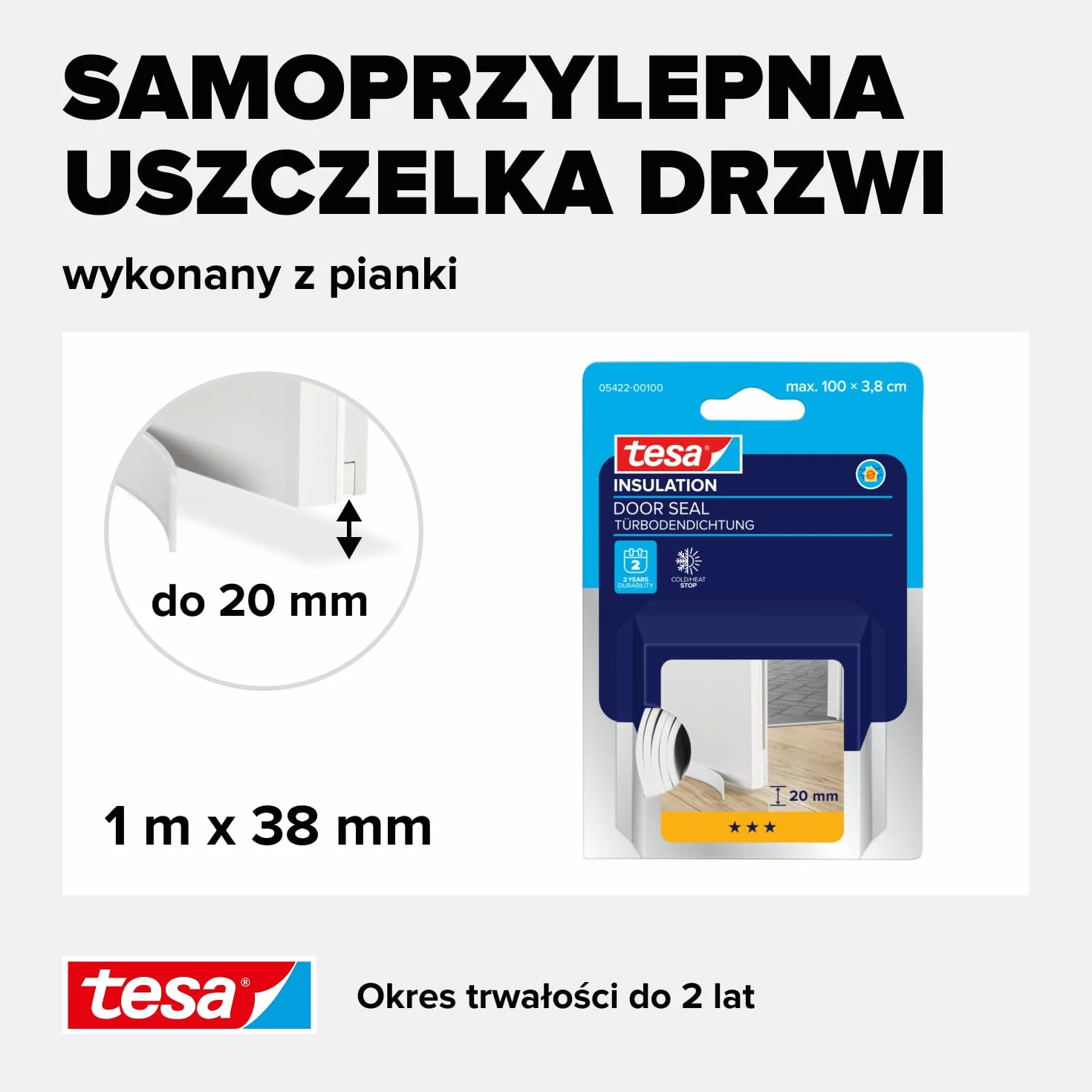 tesa INSULATION uszczelka do drzwi - samoprzylepna piankowa uszczelka dolna do drzwi - uszczelka do drzwi pokojowych chroniąca przed zimnem, przeciągami, kurzem i wilgocią - biała - 1 m x 38 mm