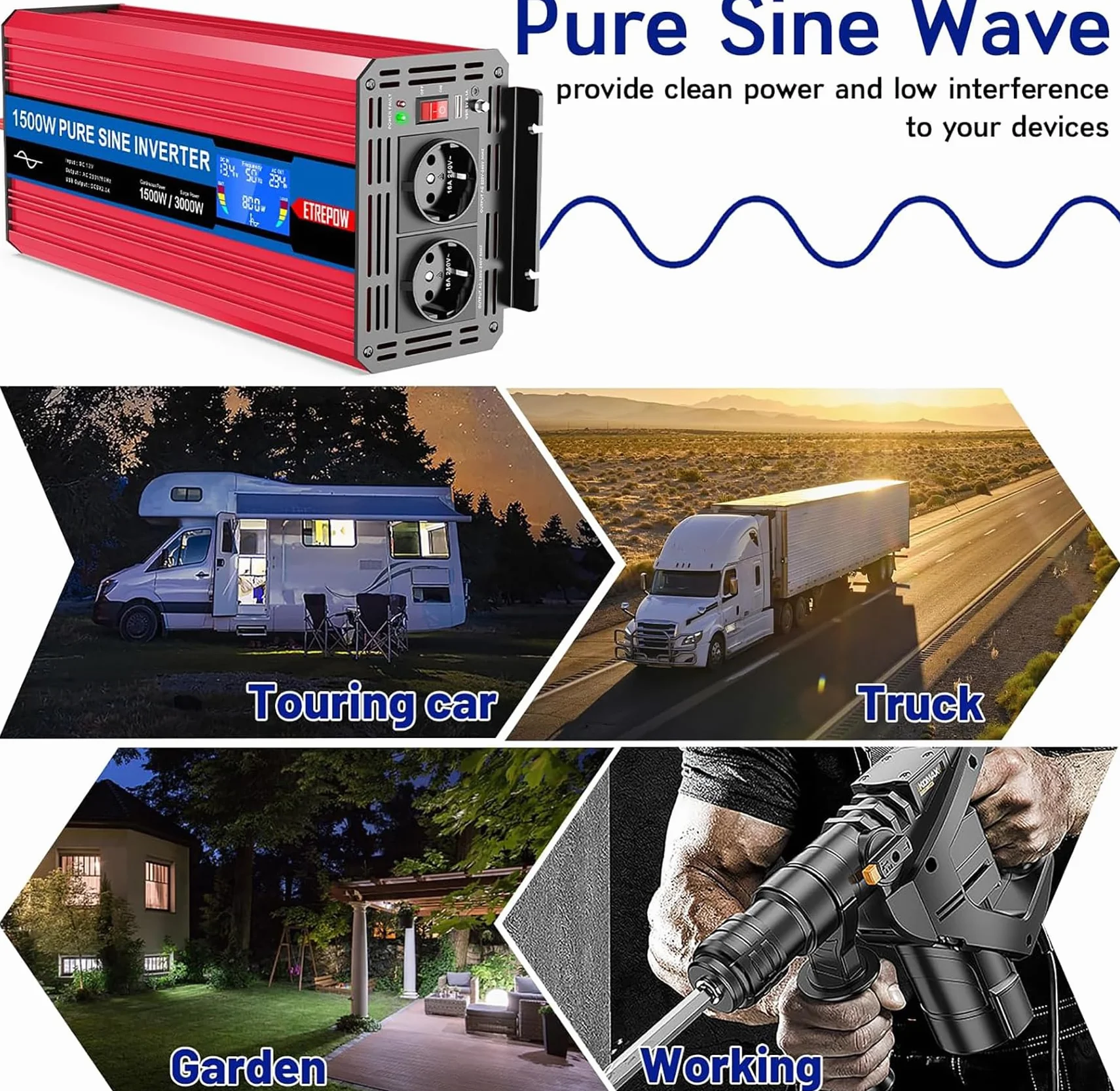 1500W Przetwornica 12v 230v Czysty Sinus z 2 gniazdami EU i bezprzewodowym pilotem, ekranem LCD, Falownikiem Nadaje się do użytku na zewnątrz, w domu, na kempingu, w kamperze