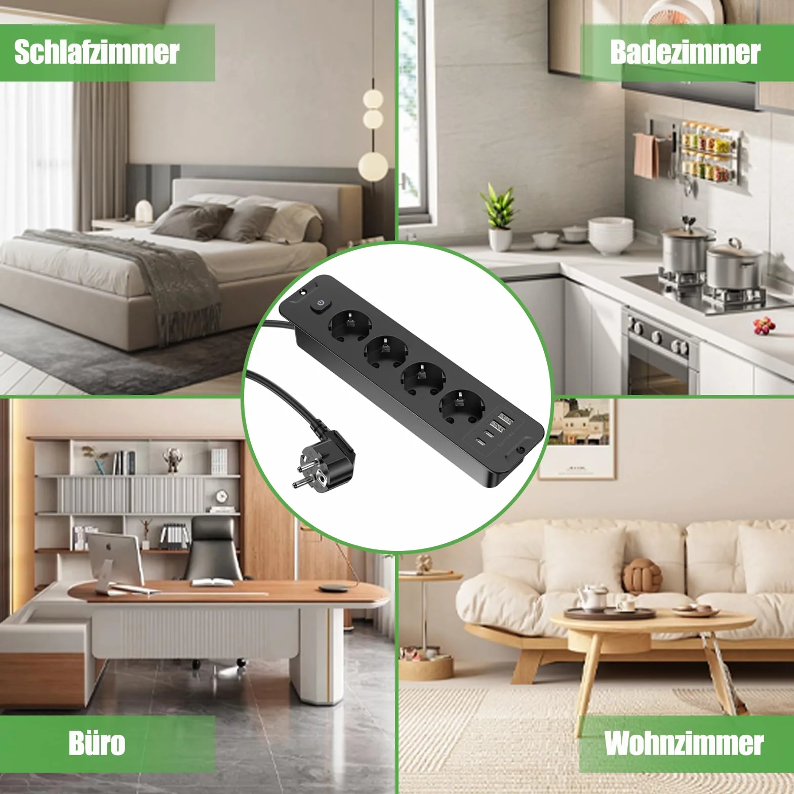 Wysuwane gniazdo wtykowe z 4 gniazdami, listwa zasilająca do zabudowy z 2 USB, gniazdo wtykowe z 2 gniazdami USB C, blat stołu, wpuszczane gniazdko – kabel 2 m, kolor czarny