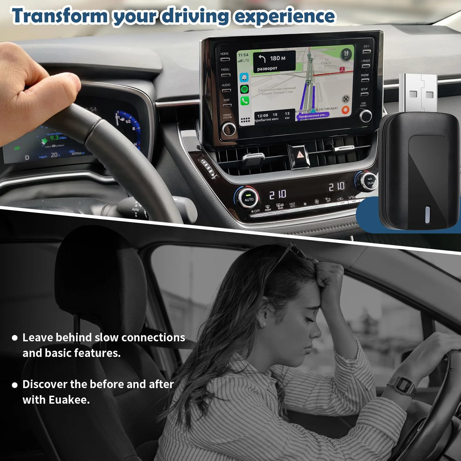 Euakee Android Auto & I-O-S CarPlay bezprzewodowy adapter, Plug & Play 5 GHz WiFi Wireless CarPlay Dongle, łatwy do aktualizacji, przewodowy samochód Play to Wireless Fits Cars 2015+ (BT5.0/WiFi2.4G)