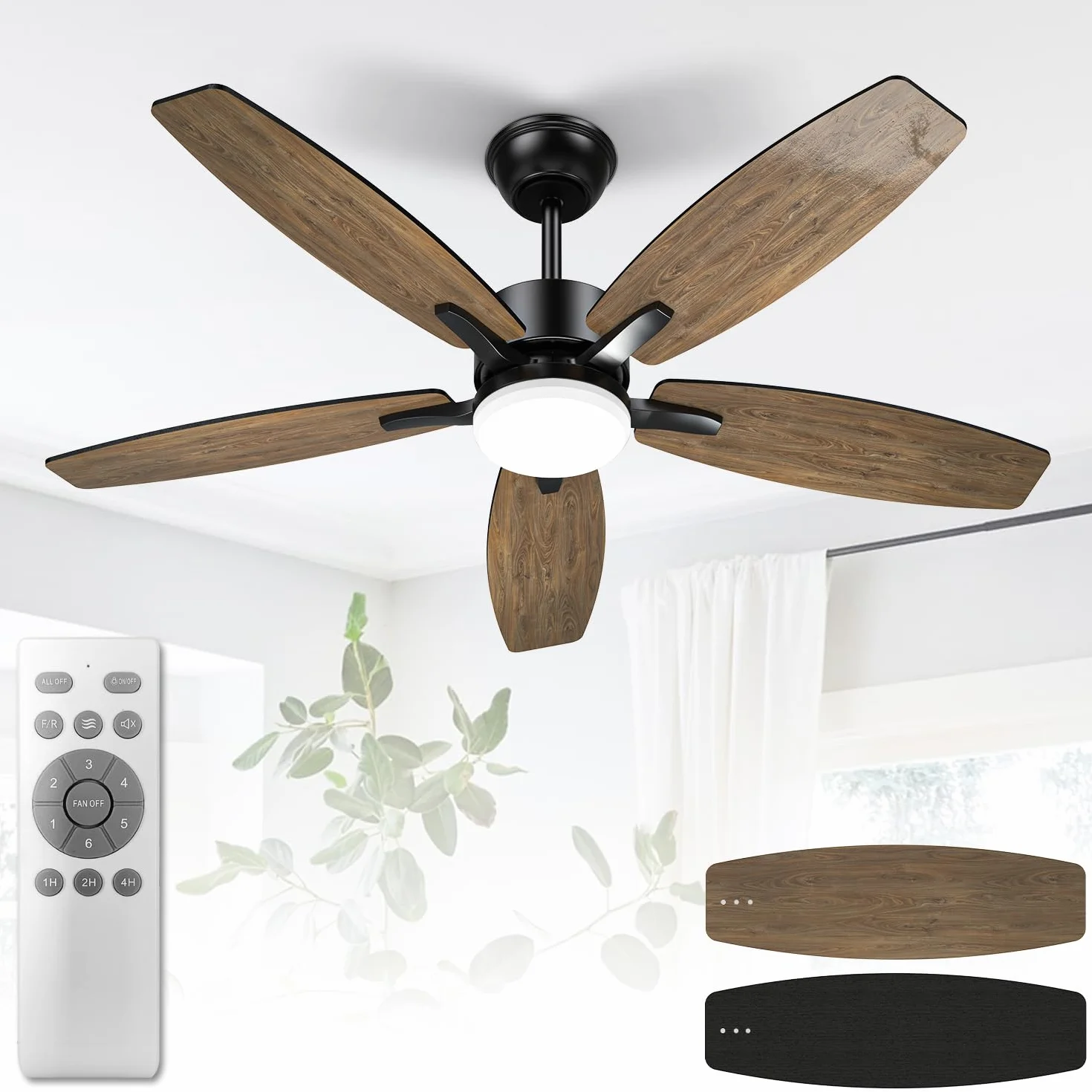 Wentylator sufitowy z oświetleniem i pilotem zdalnego sterowania, cichy, 106 cm, wentylator sufitowy z lampą LED z 5 drewnianymi łopatkami, rysunek słojów drewna/czarny, do sypialni, salonu