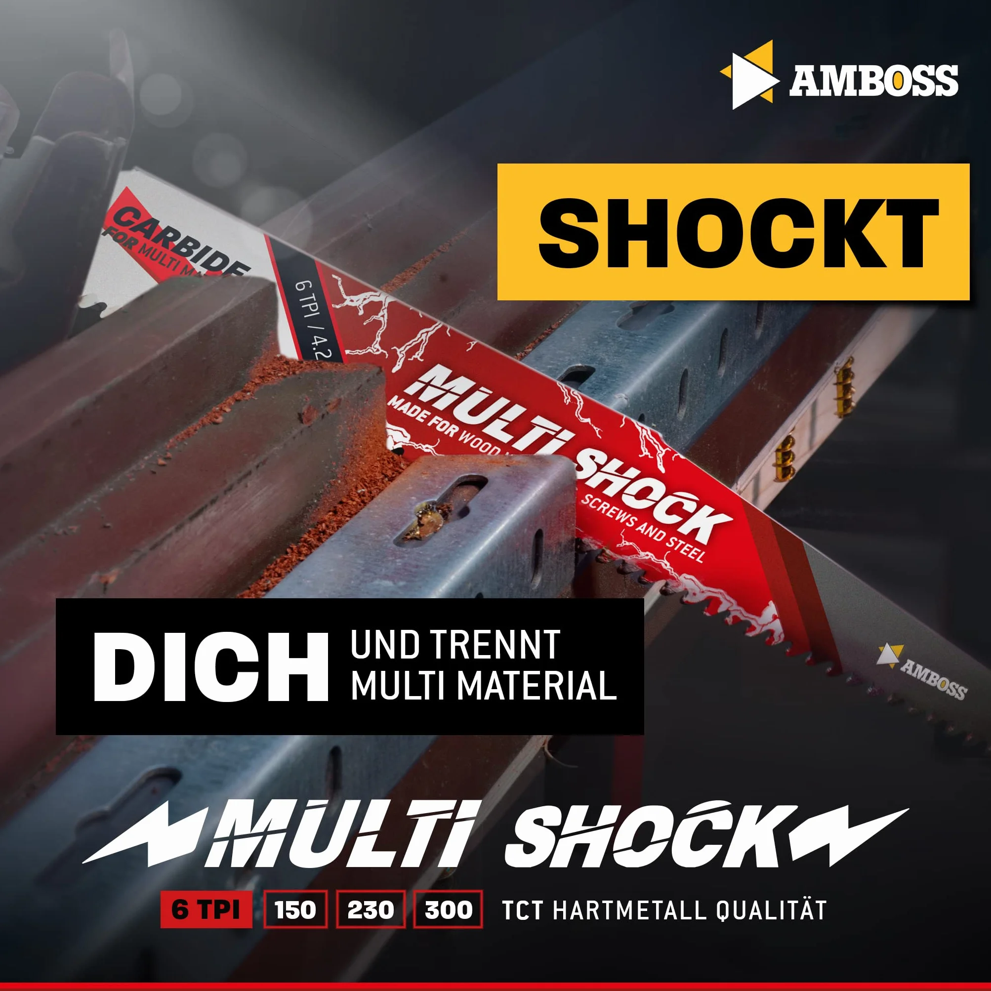 AMBOSS MULTI SHOCK – 3 x brzeszczot do piły szablastej długość 300 mm / 6 ZpZ – idealny do drewna z gwoździami i drewnem ze śrubami oraz stalą – wiele materiałów