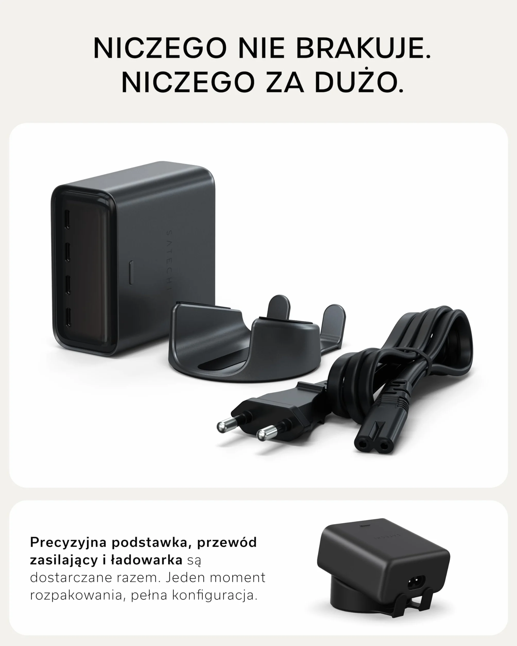 SATECHI ChargeView Ładowarka Biurkowa 140W Stacja Ładowania GaN z Wyświetlaczem Mocy Cztery Porty USB-C Kosmiczna Czerń