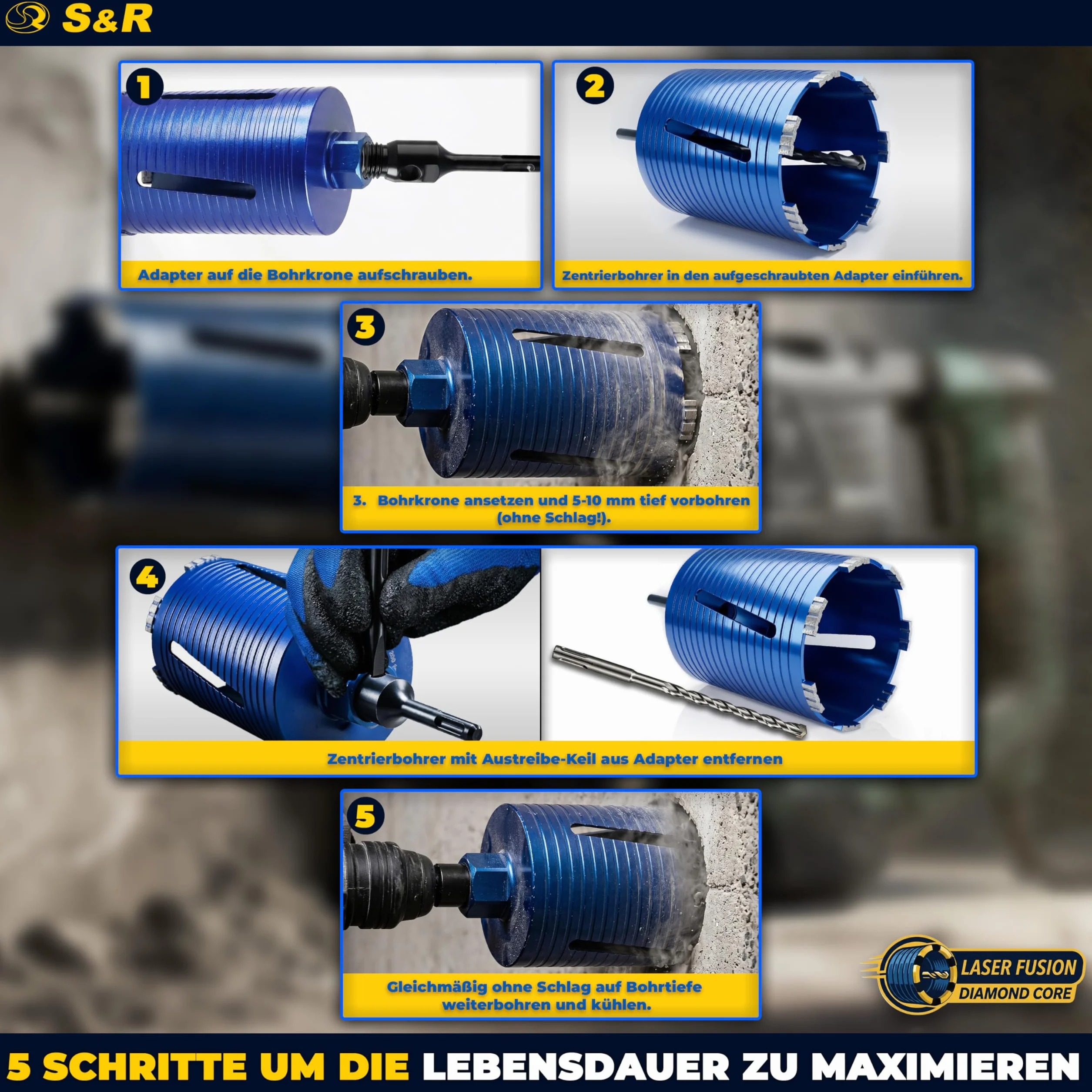 S&R Diamentowa koronka wiertnicza 122 mm, wiertło rdzeniowe M22, długość 200 mm, segment 10 mm, wiertło centrujące, adapter SDS-plus, koronka wiertnicza na sucho, diamentowa koronka wiertnicza do