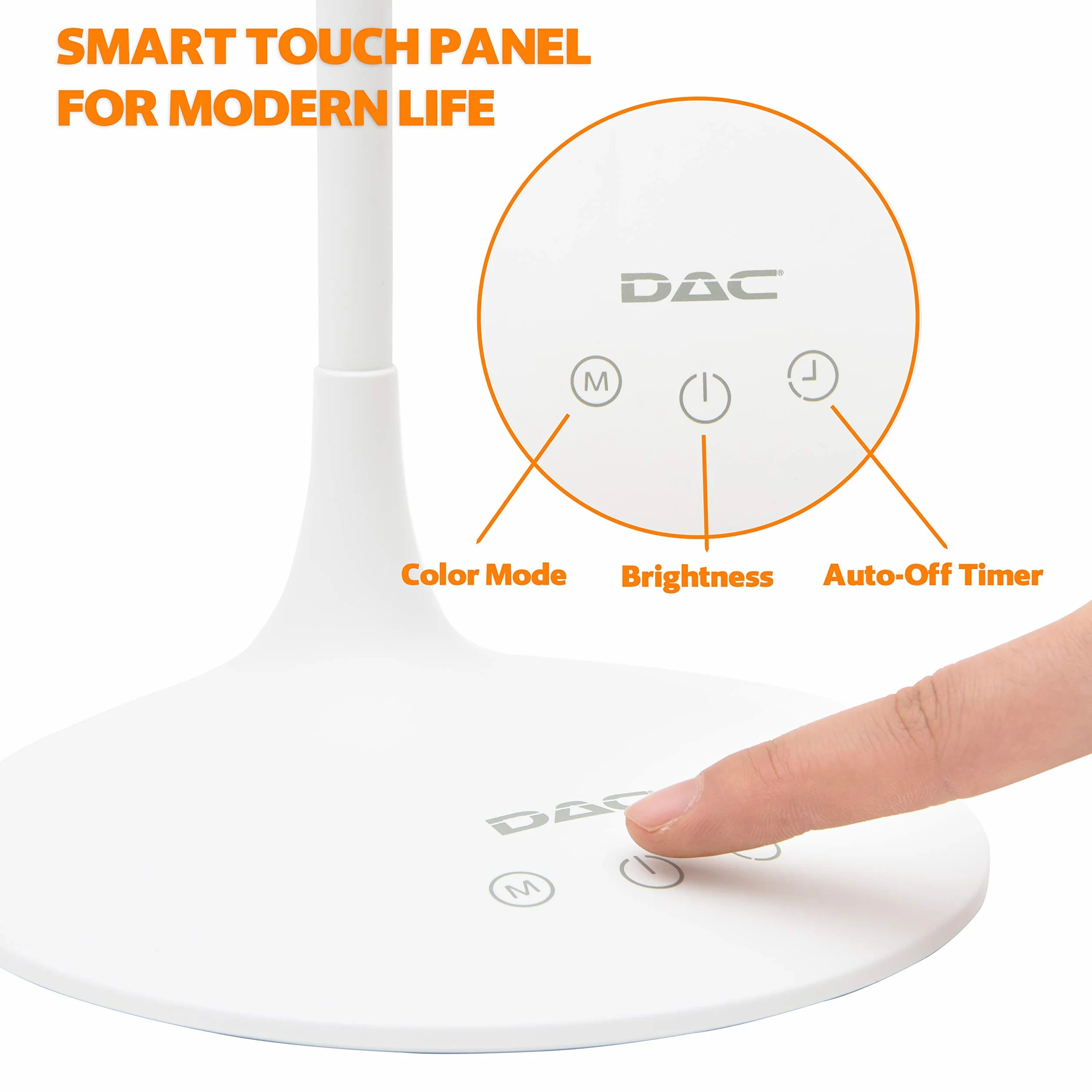 DAC Ergonomiczna lampa biurkowa LED 38.1 cm z elastyczną gęsią szyją, 3 tryby jasności, do czytania i nauki, inteligentny przełącznik dotykowy do ściemniacza i automatycznego timera, biała