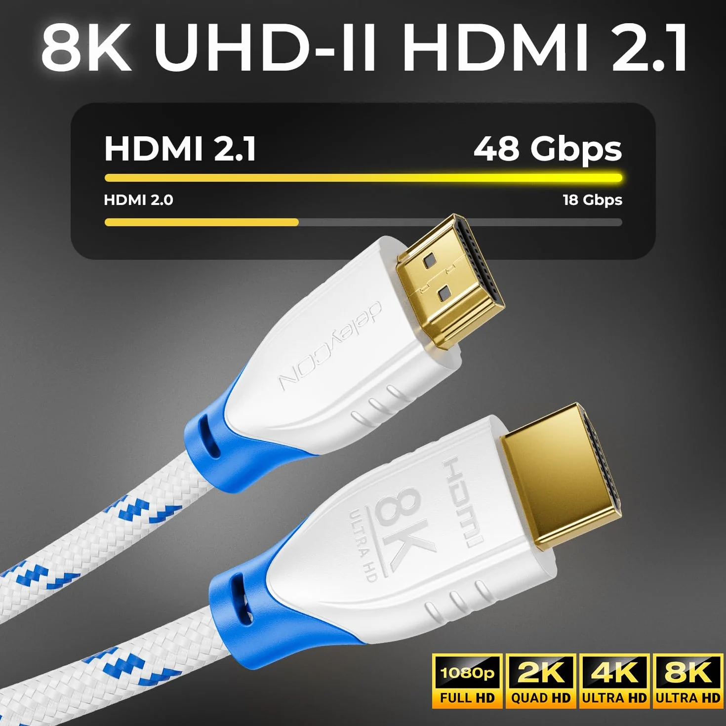 deleyCON 8K HDMI 2.1 Krótki Kabel 0,5m 48G ULTRA Highspeed 8K@60Hz 4K@120Hz Biały