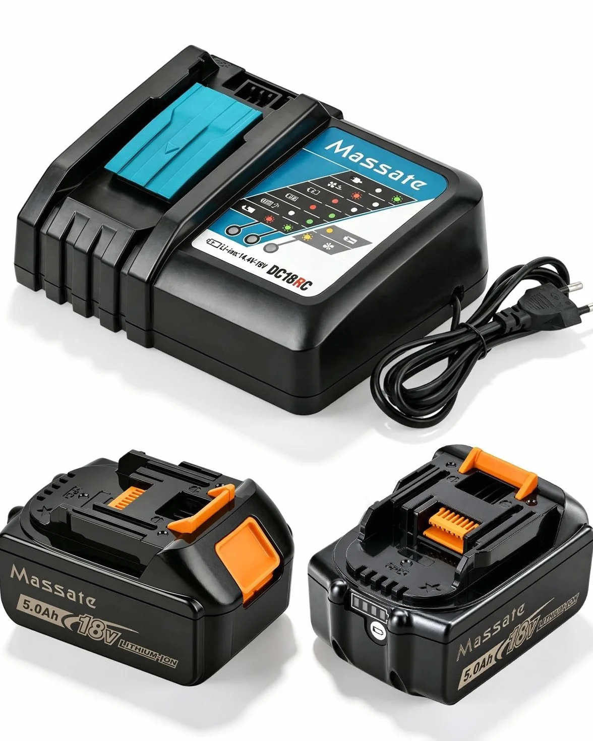 2 sztuki 18 V 5,0 Ah akumulator zamienny z ładowarką DC18RC, kompatybilny z akumulatorami Makita 14,4V-18V BL1815, BL1820B, BL1830, BL1830B, BL1840, BL1840B, BL1850, BL1850B, BL1860, BL1860B
