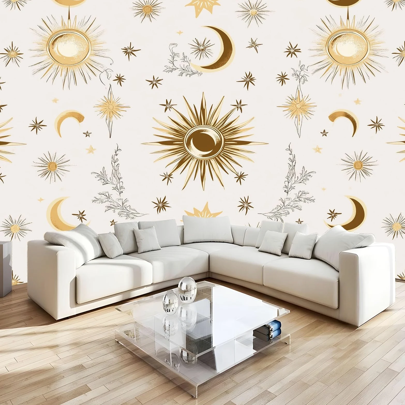 Fototapeta 350 x 256 cm Prosty księżyc Nowoczesne gwiazdy Dekoracja ścienna Gigantyczny plakat z polaru Dekoracja ścienna do salonu sypialni, jasnoszara
