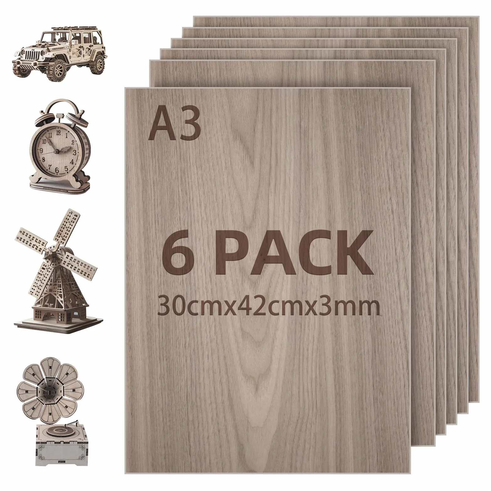 Płyty ze sklejki 3 mm, orzech włoski, 6 sztuk, 30 x 42 cm, cięcie laserowe, sklejka A3, lipa do grawerowania laserowego, cięcia CNC, malowania, modelu DIY